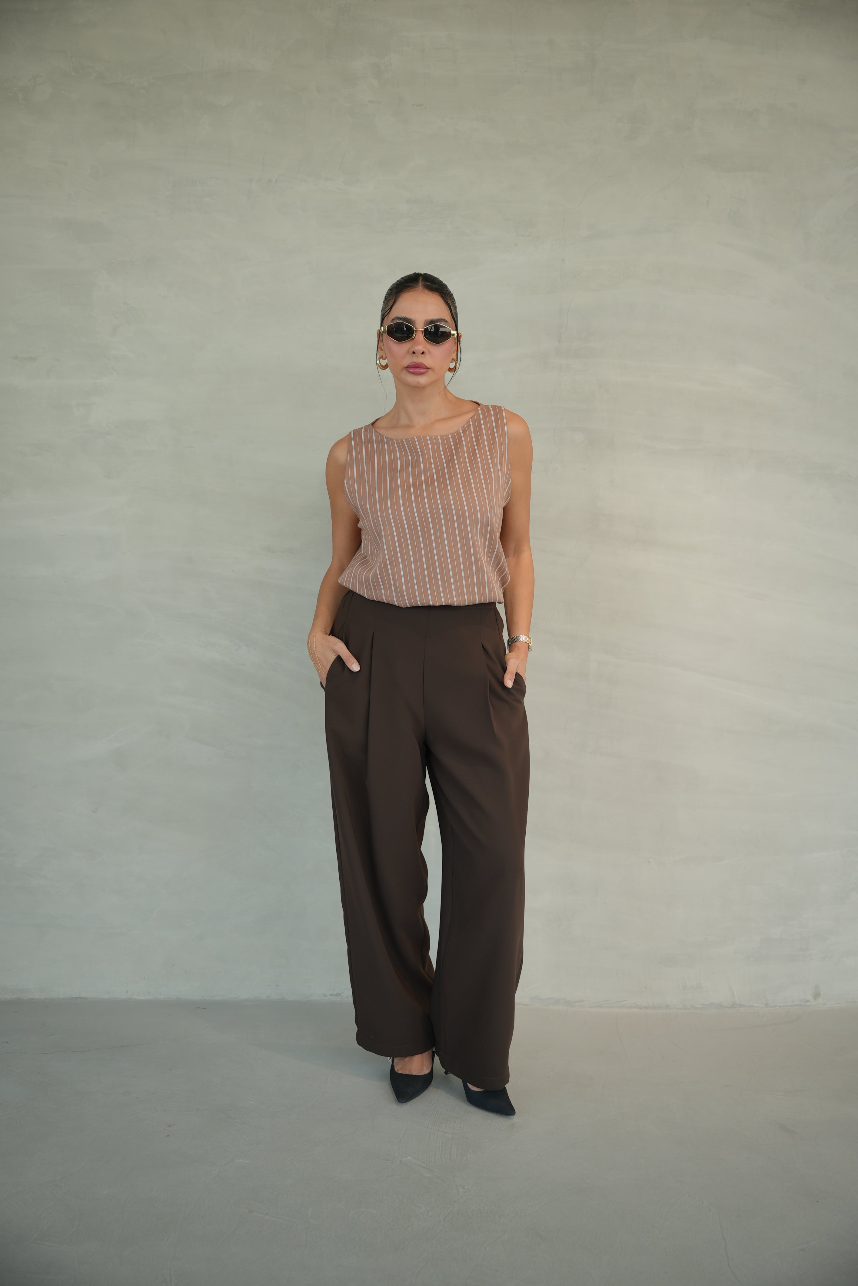 Beige Striped Crepe Blouse with Brown Crepe Pants-1954