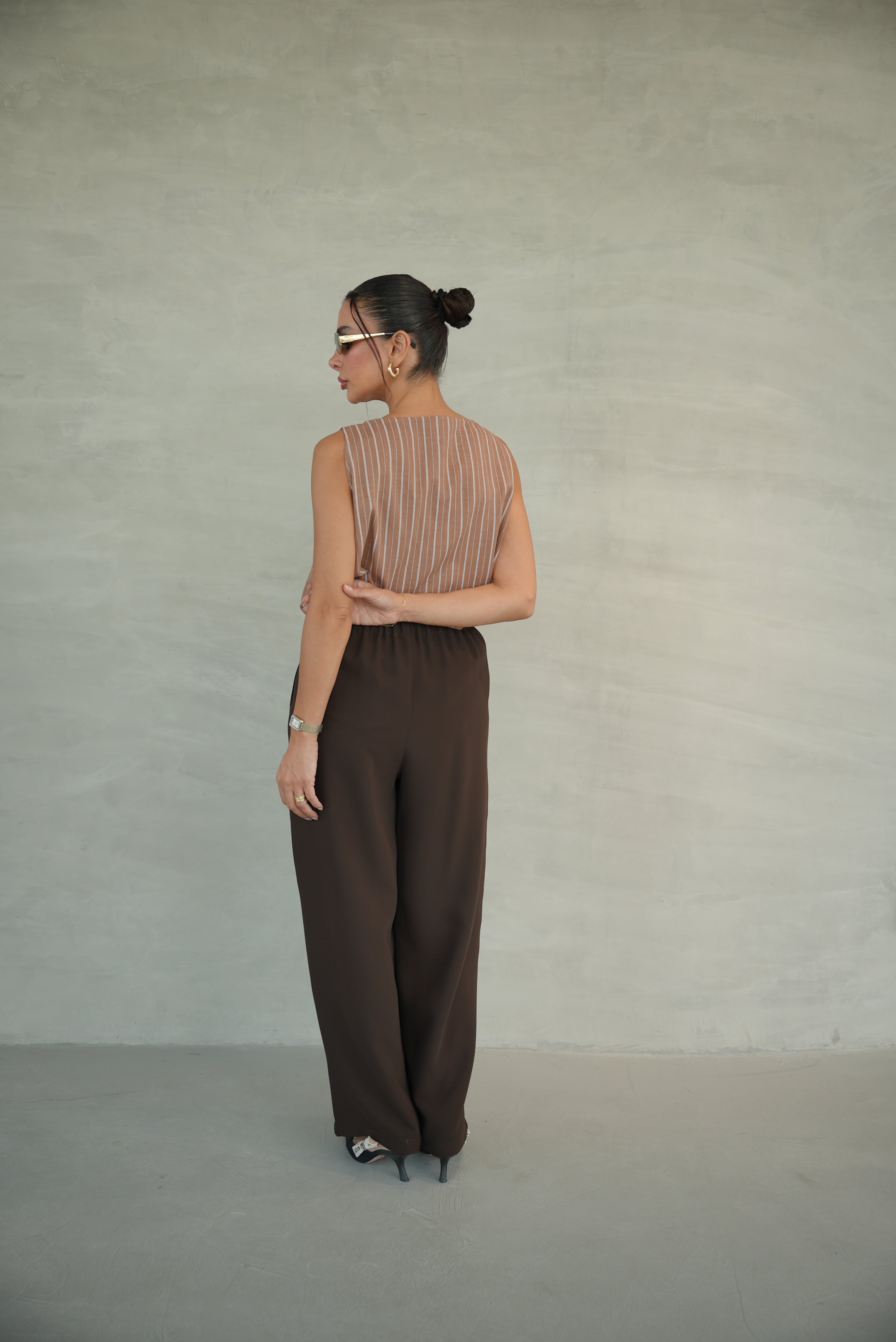 Beige Striped Crepe Blouse with Brown Crepe Pants-1954