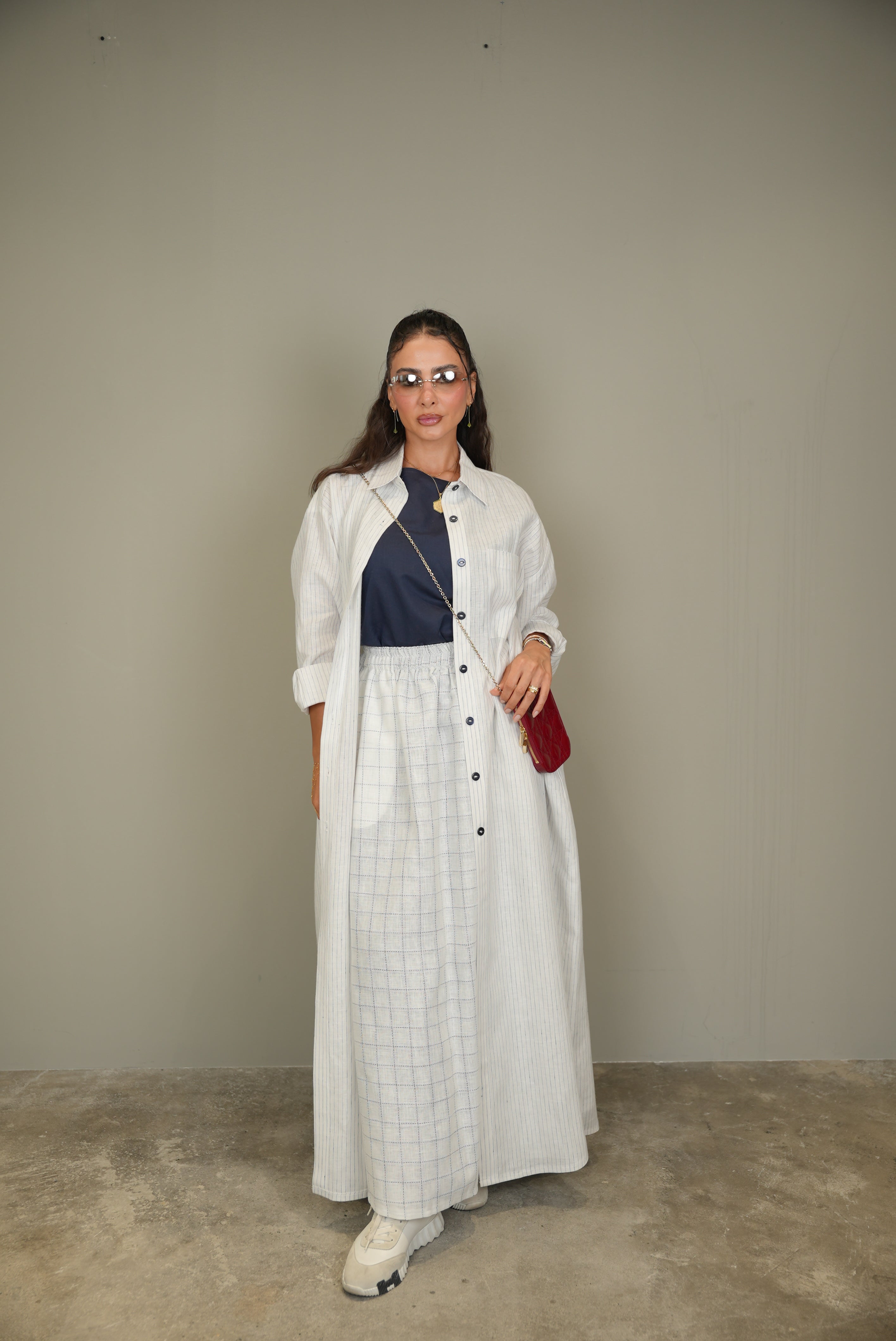 White Linen Abaya with navy Stripes-free size with inner set -1958