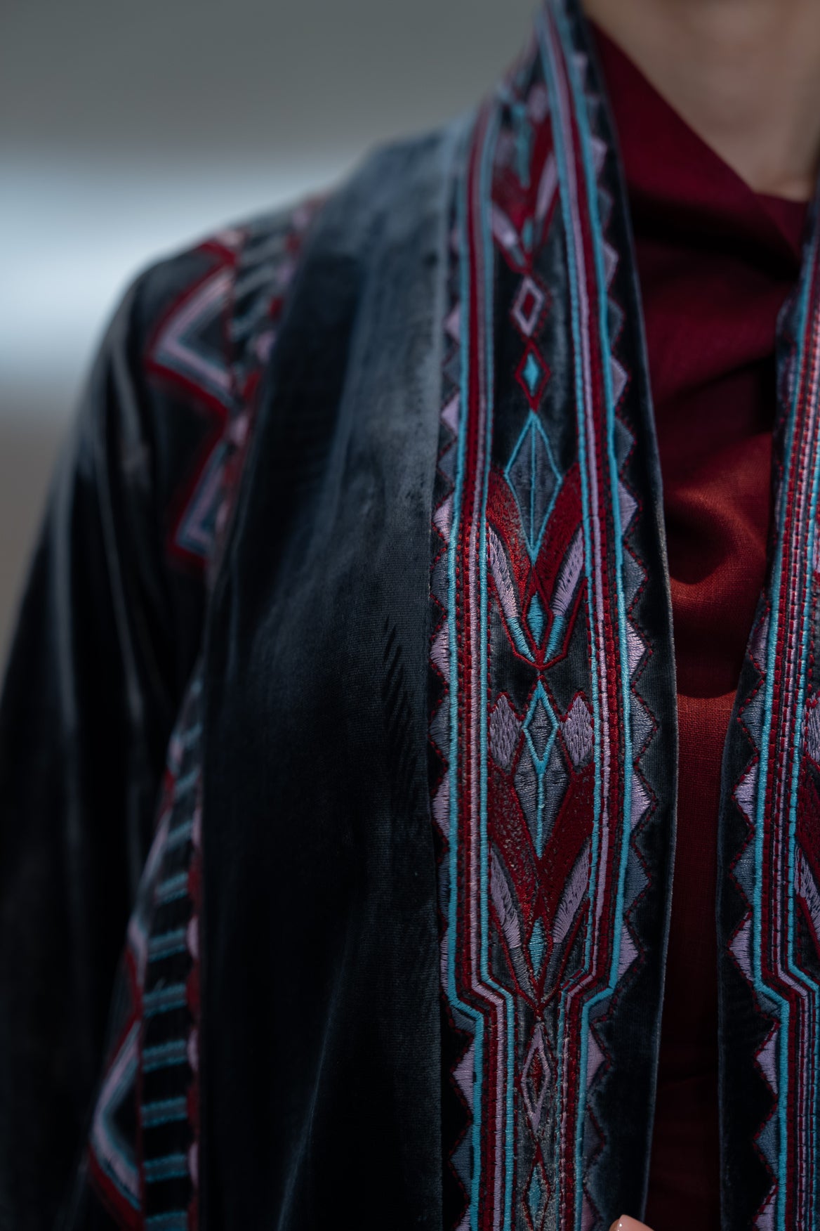 Grey Velvet Embroidered Abaya -2040