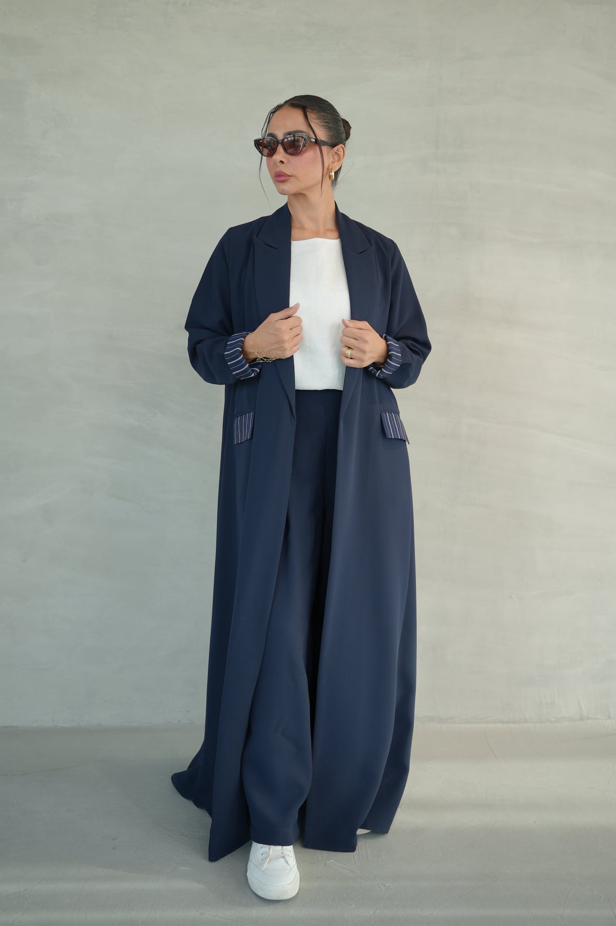 Navy Crepe Abaya with Striped Trim Detail-1946