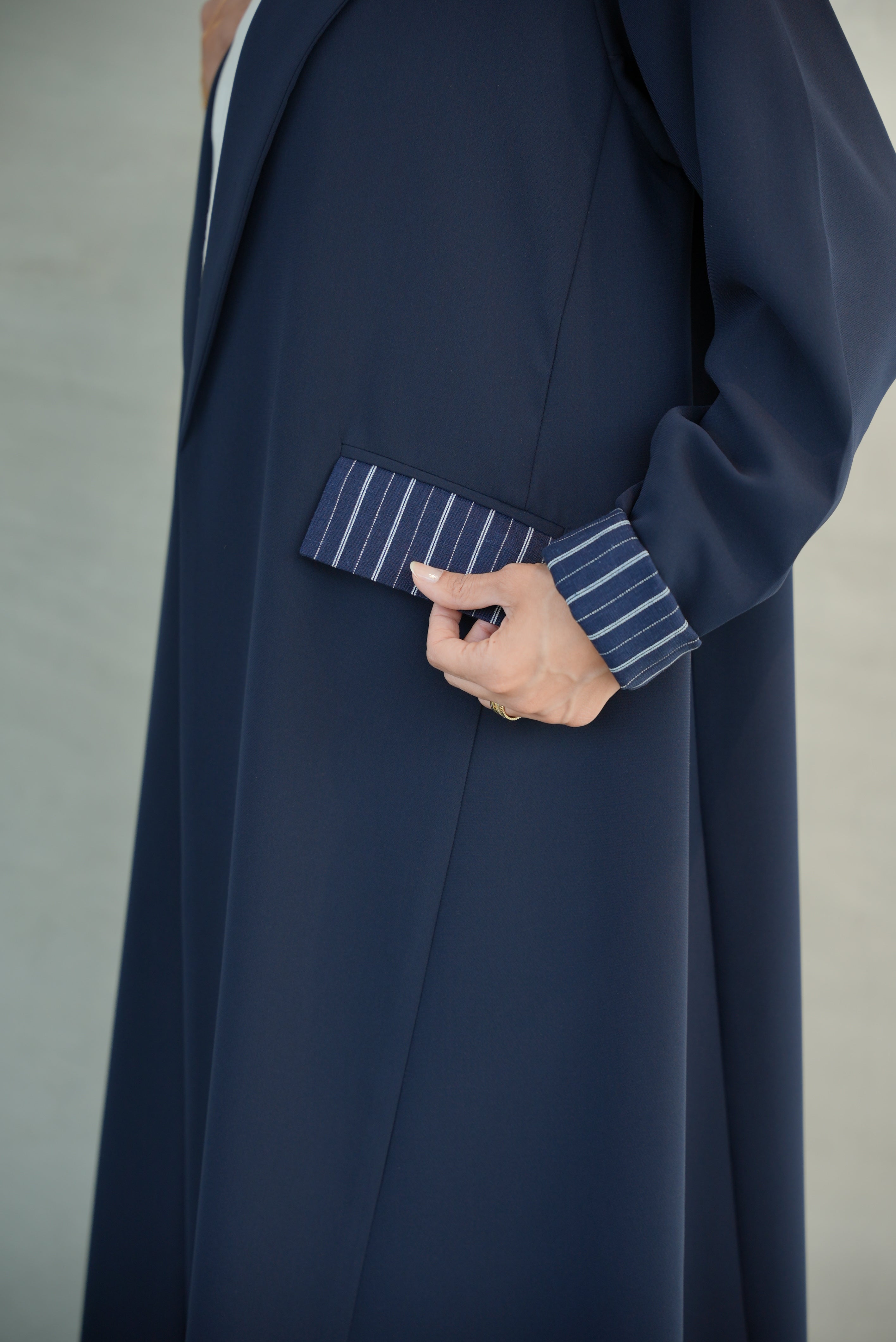 Navy Crepe Abaya with Striped Trim Detail-1946