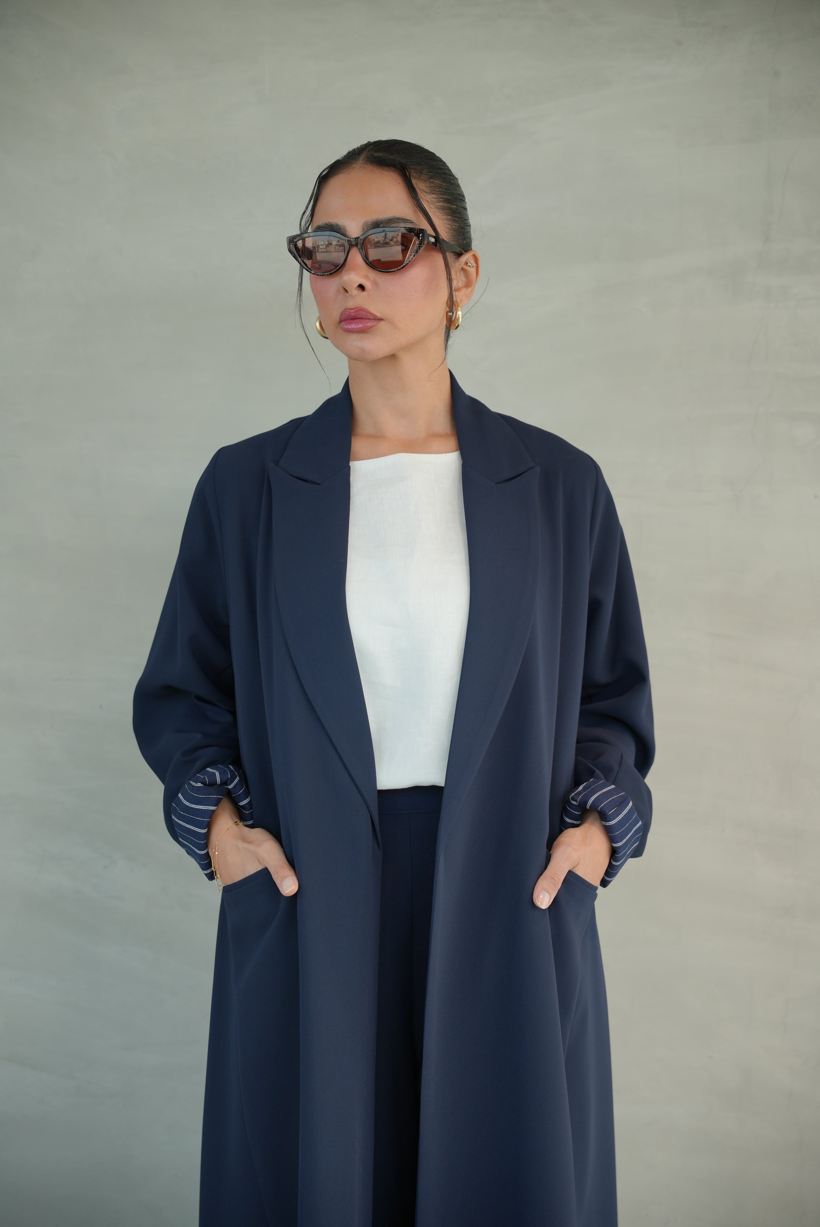 Navy Crepe Abaya with Striped Trim Detail-1946