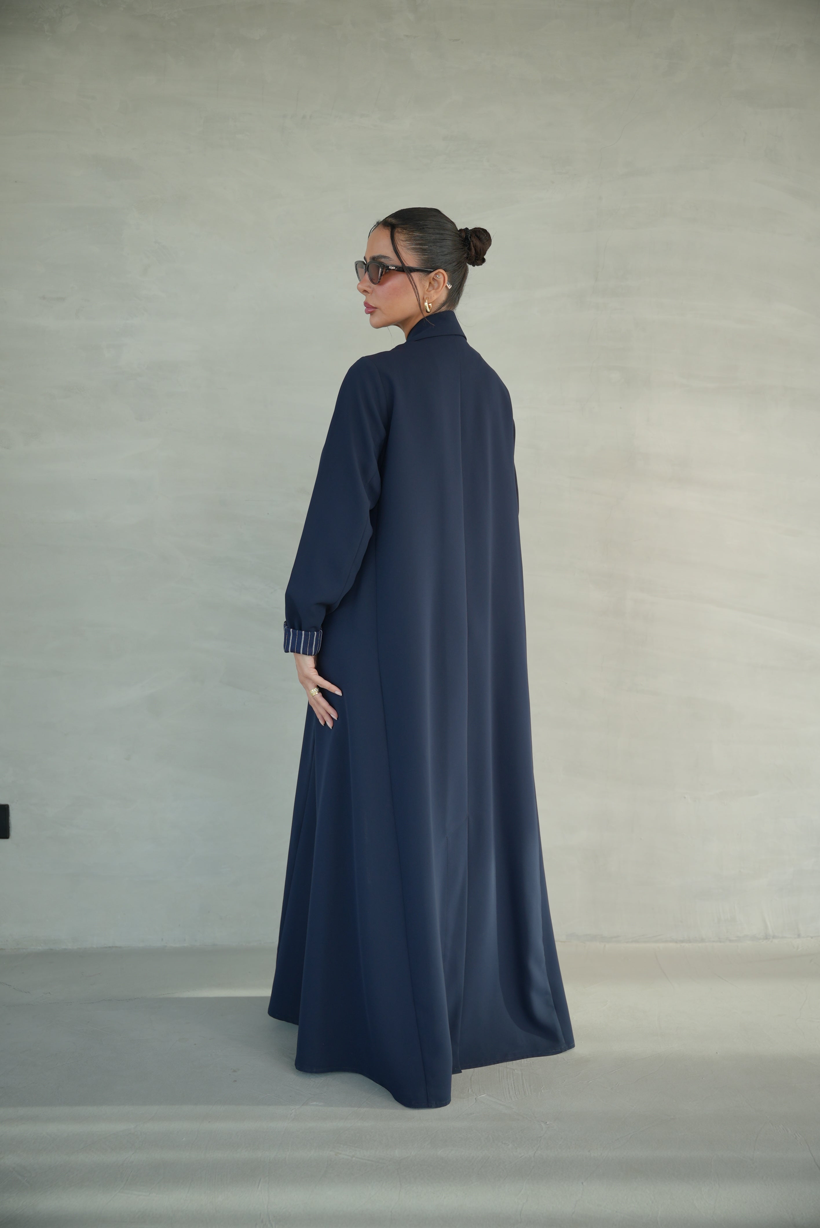Navy Crepe Abaya with Striped Trim Detail-1946
