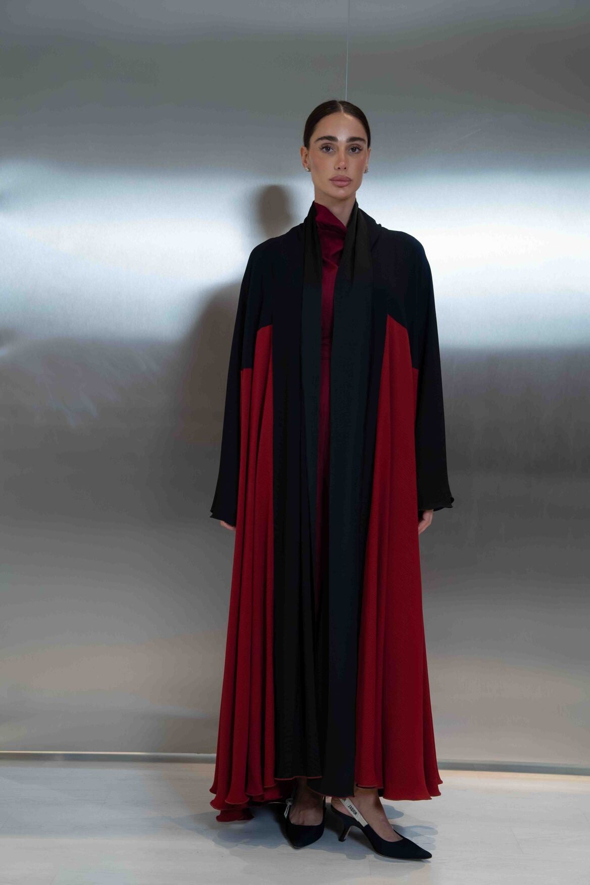 Navy & Cherry Silk Crepe Abaya – 2064