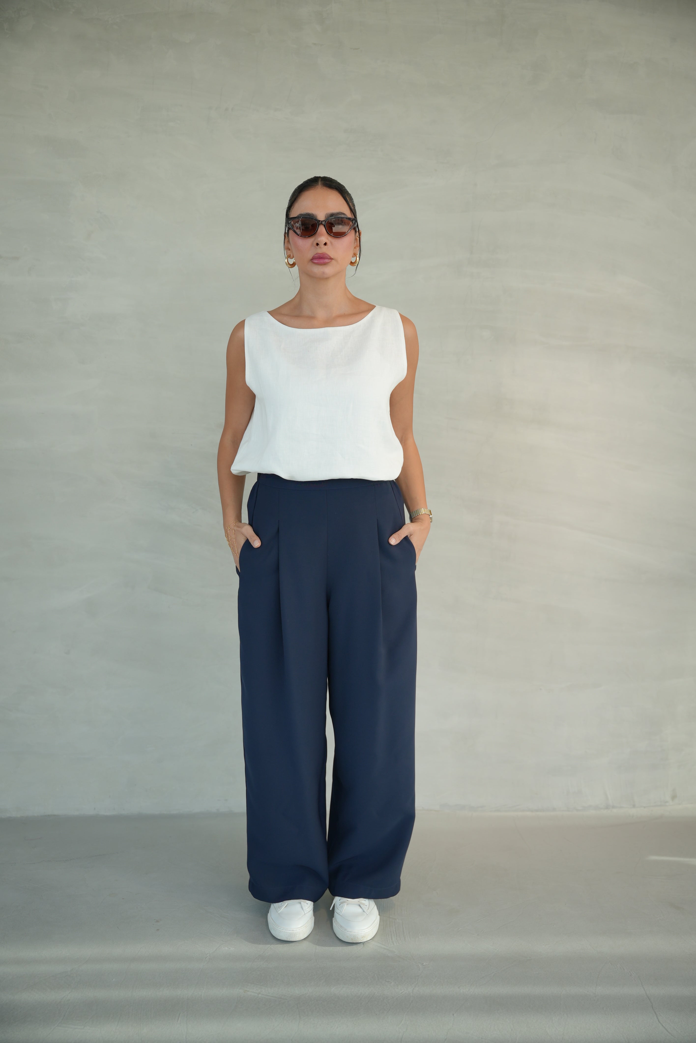 white  Crepe Blouse with navy Crepe Pants -1956