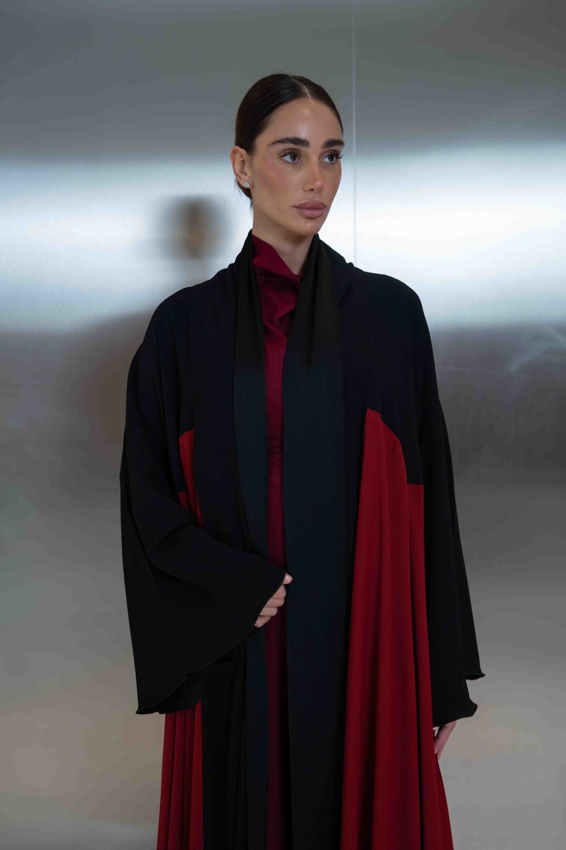 Navy & Cherry Silk Crepe Abaya – 2064
