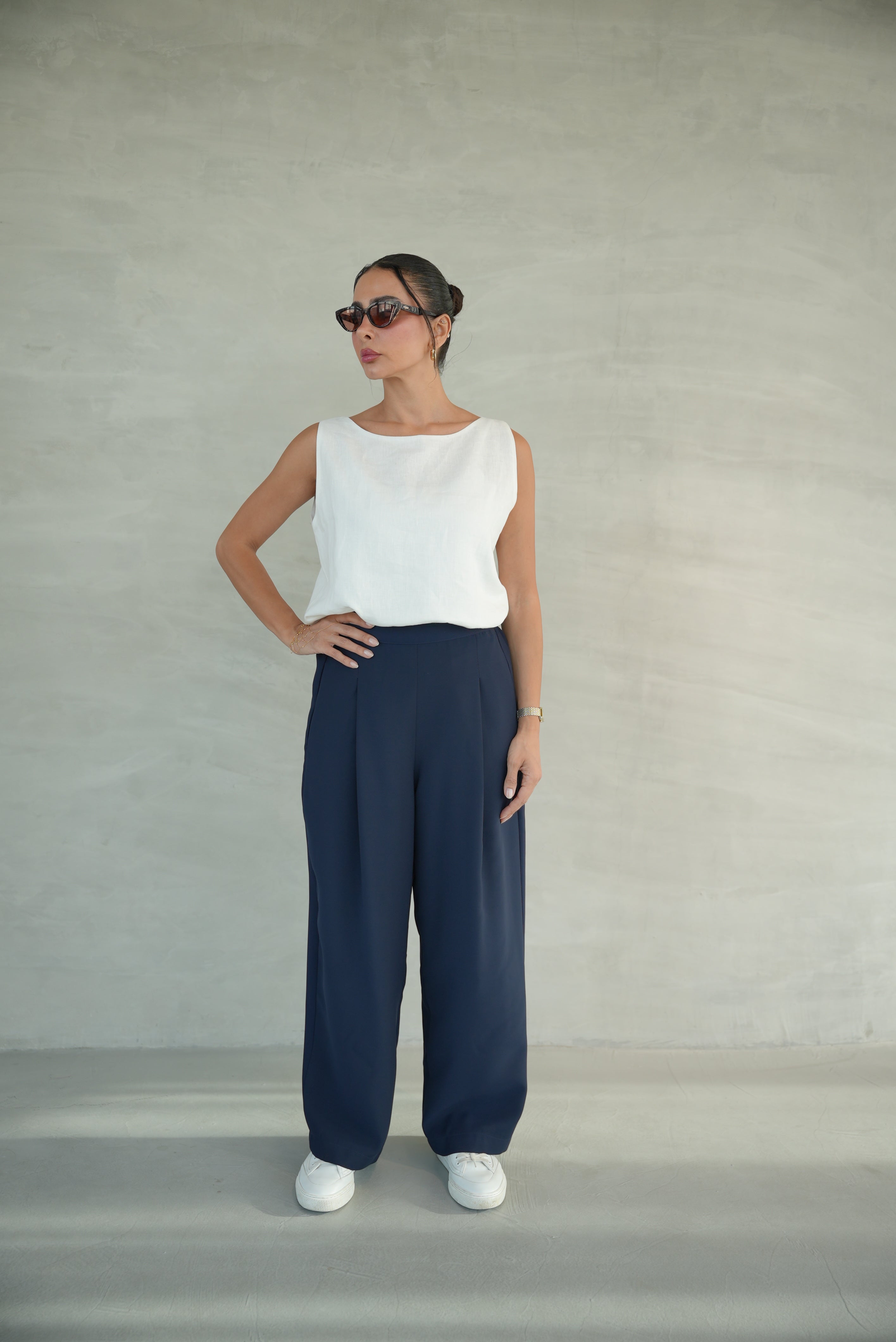 white  Crepe Blouse with navy Crepe Pants -1956