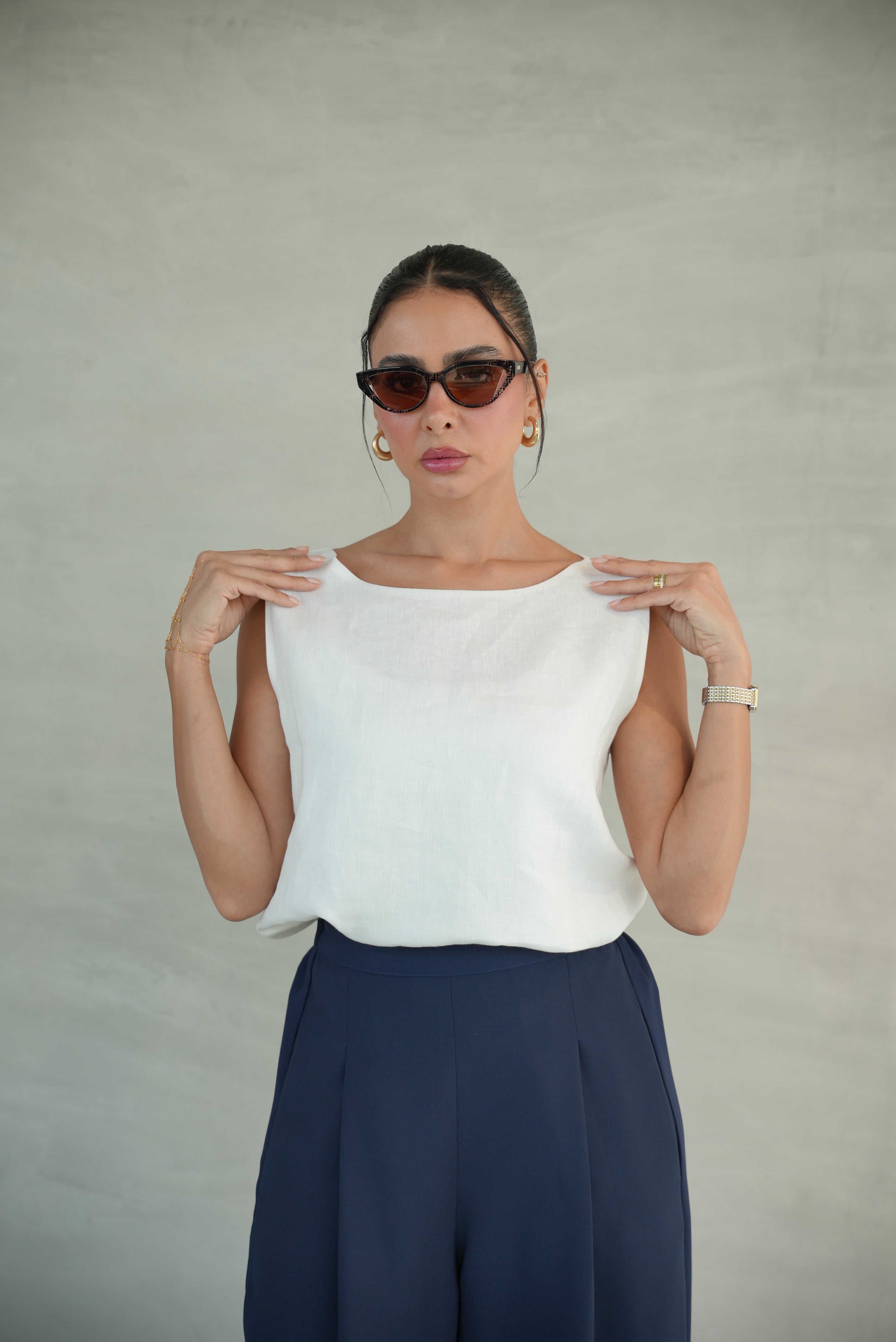 white  Crepe Blouse with navy Crepe Pants -1956