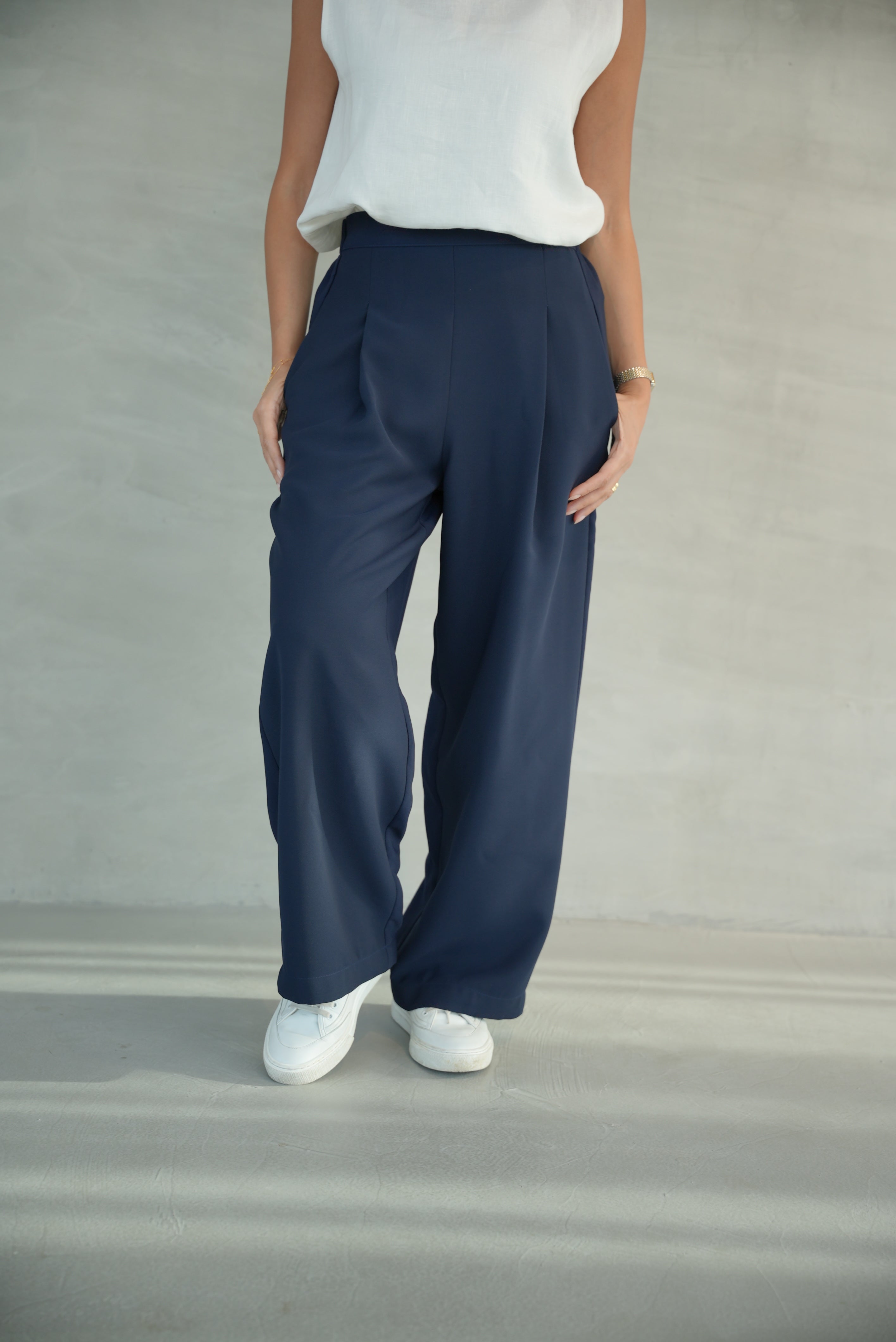 white  Crepe Blouse with navy Crepe Pants -1956