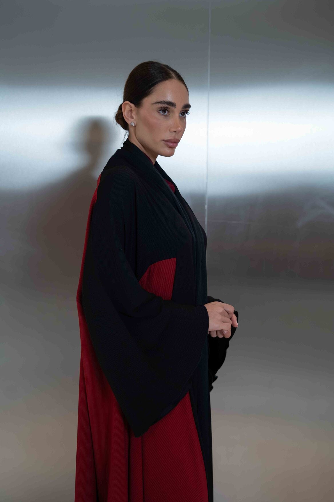 Navy & Cherry Silk Crepe Abaya – 2064