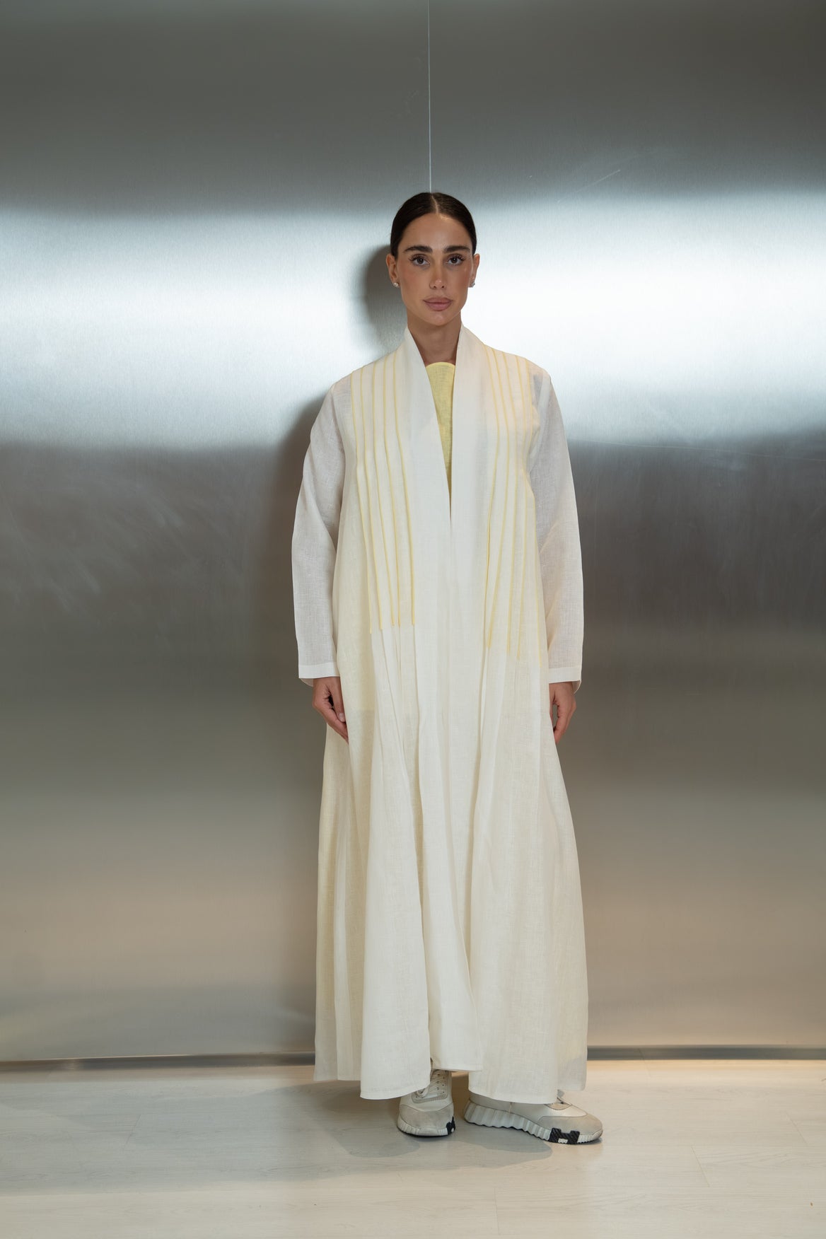 Off-white linen abaya with front and back pleats and yellow trim-2042