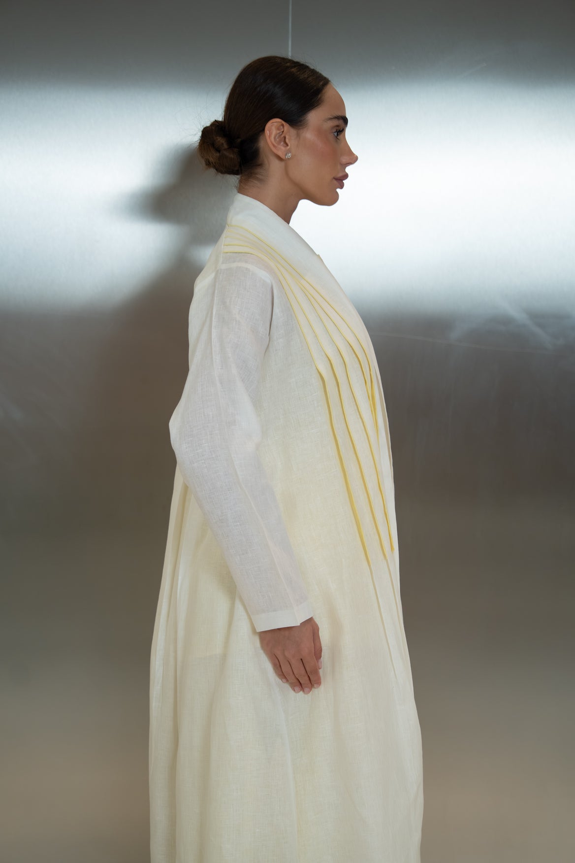 Off-white linen abaya with front and back pleats and yellow trim-2042