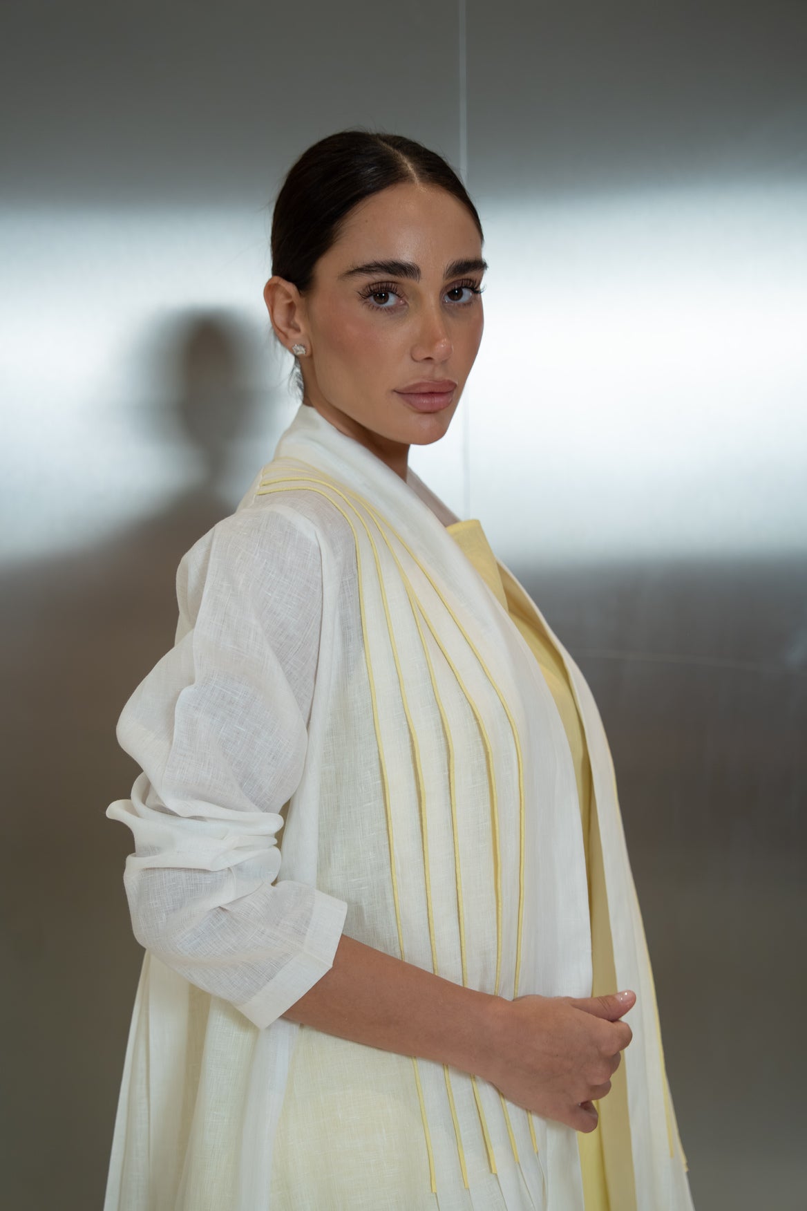 Off-white linen abaya with front and back pleats and yellow trim-2042