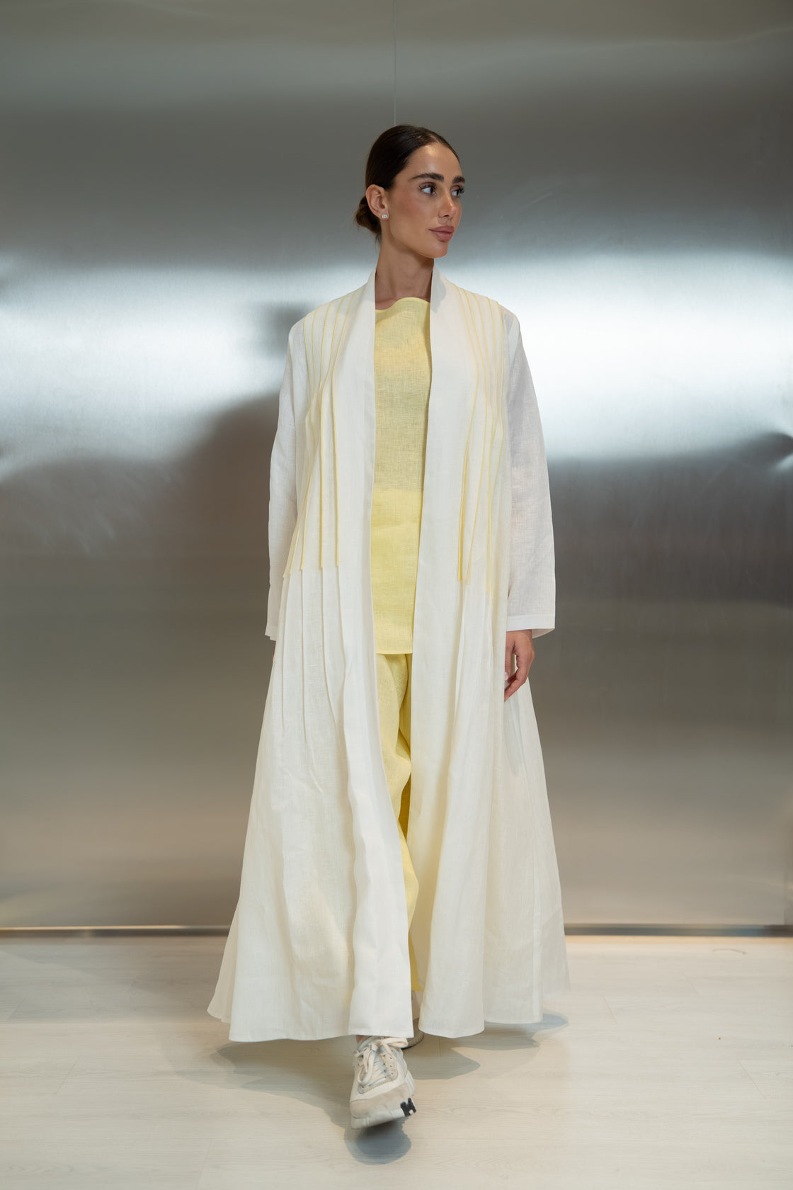 Off-white linen abaya with front and back pleats and yellow trim-2042