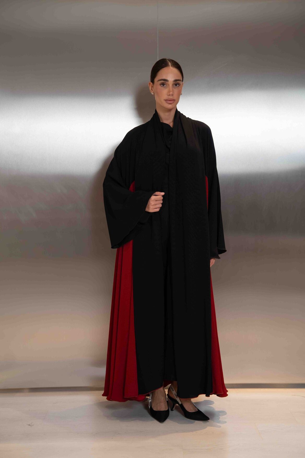 Navy & Cherry Silk Crepe Abaya – 2064