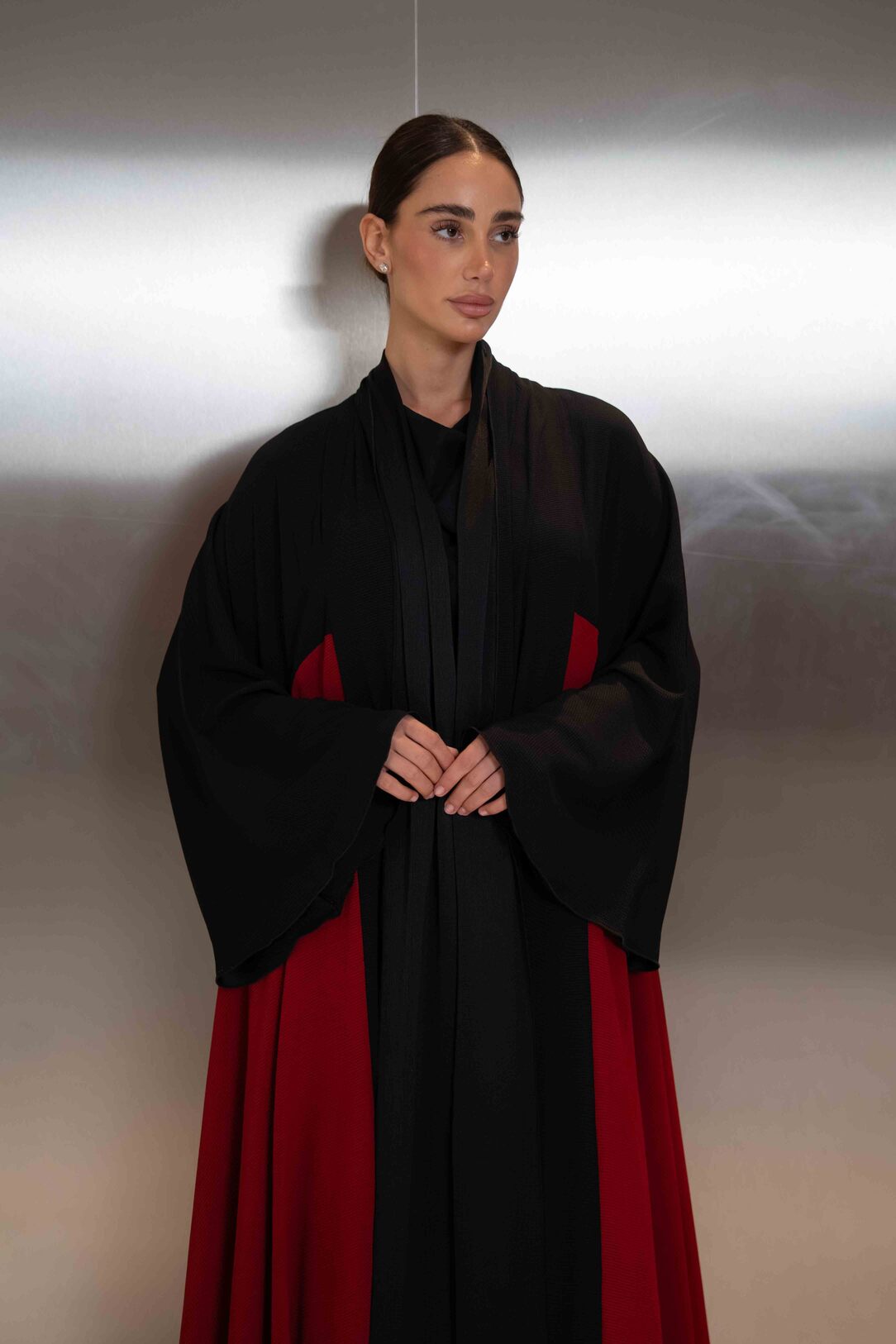 Navy & Cherry Silk Crepe Abaya – 2064