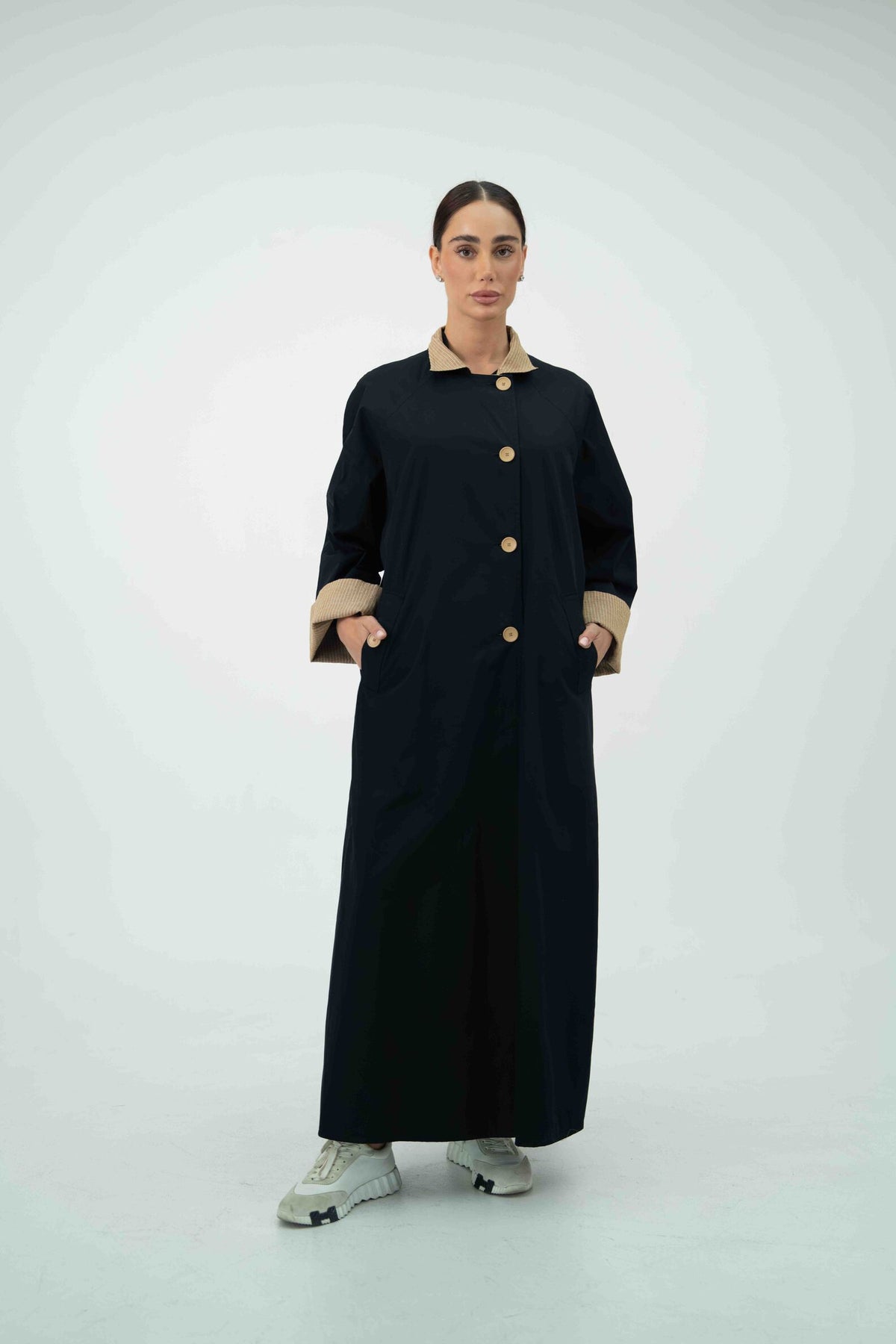 Black Trench Coat Abaya with Beige Striped Lining - 2044