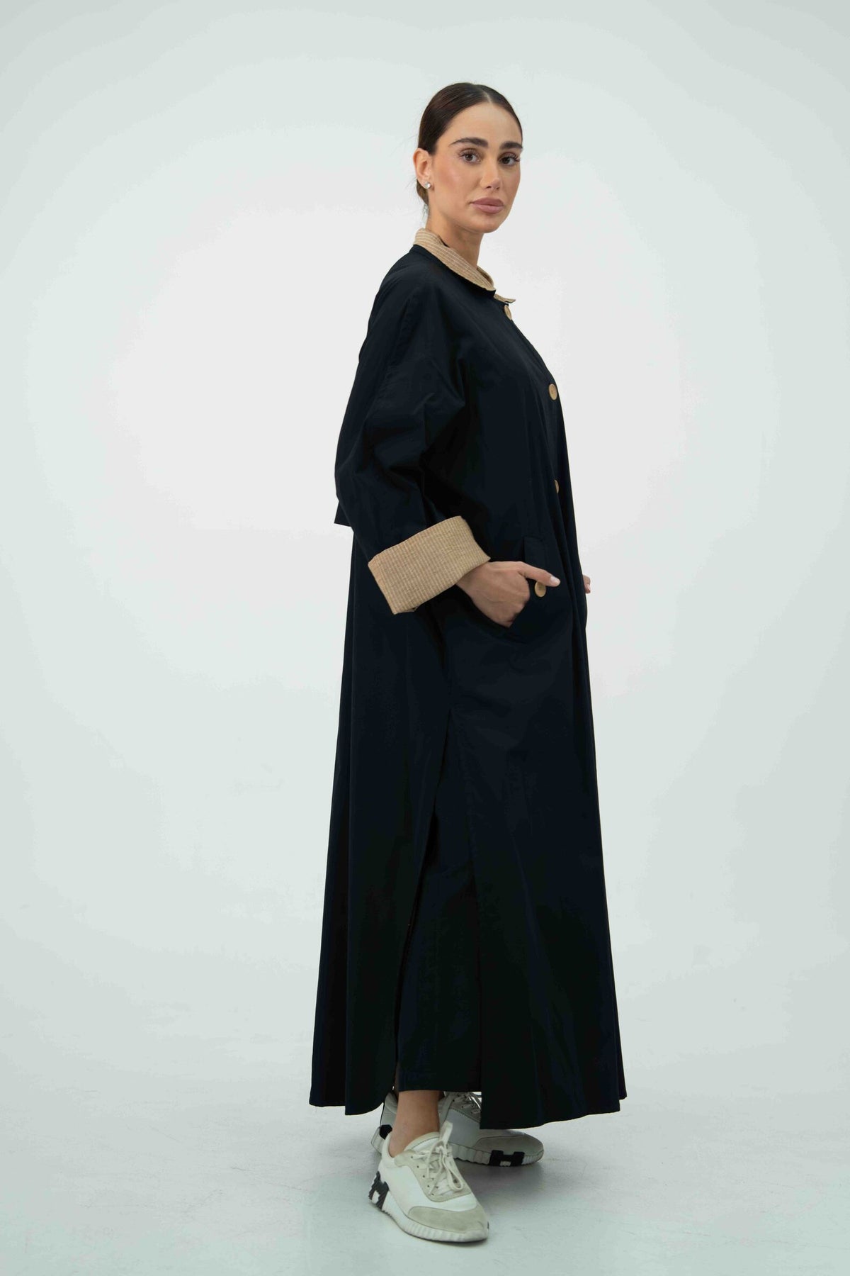 Black Trench Coat Abaya with Beige Striped Lining - 2044