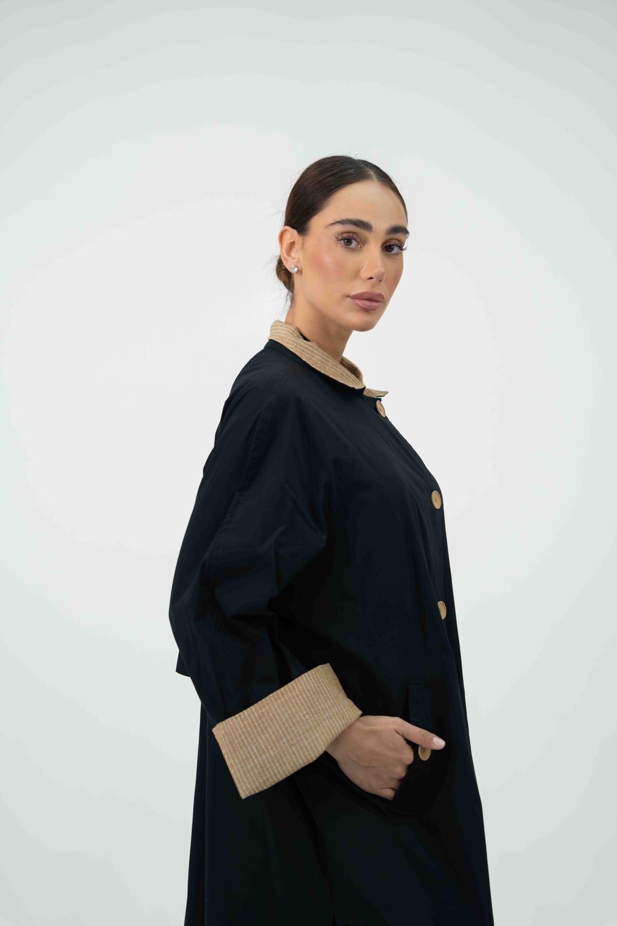 Black Trench Coat Abaya with Beige Striped Lining - 2044
