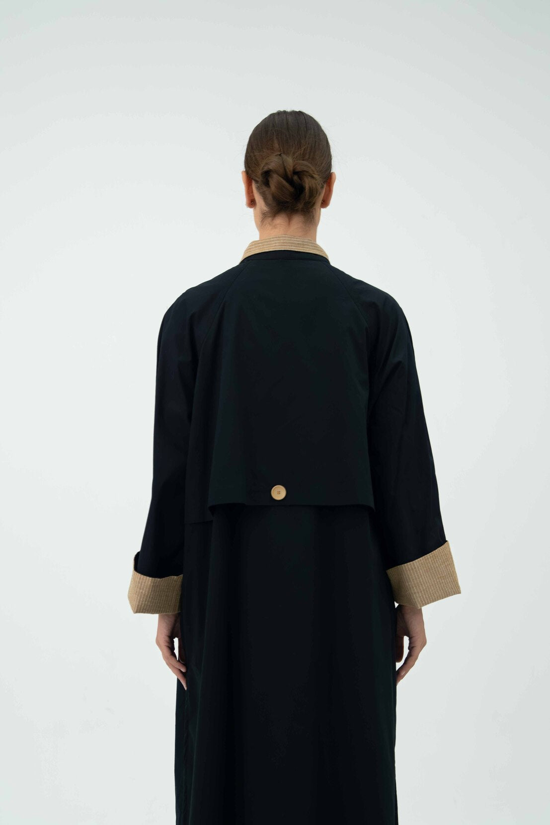 Black Trench Coat Abaya with Beige Striped Lining - 2044