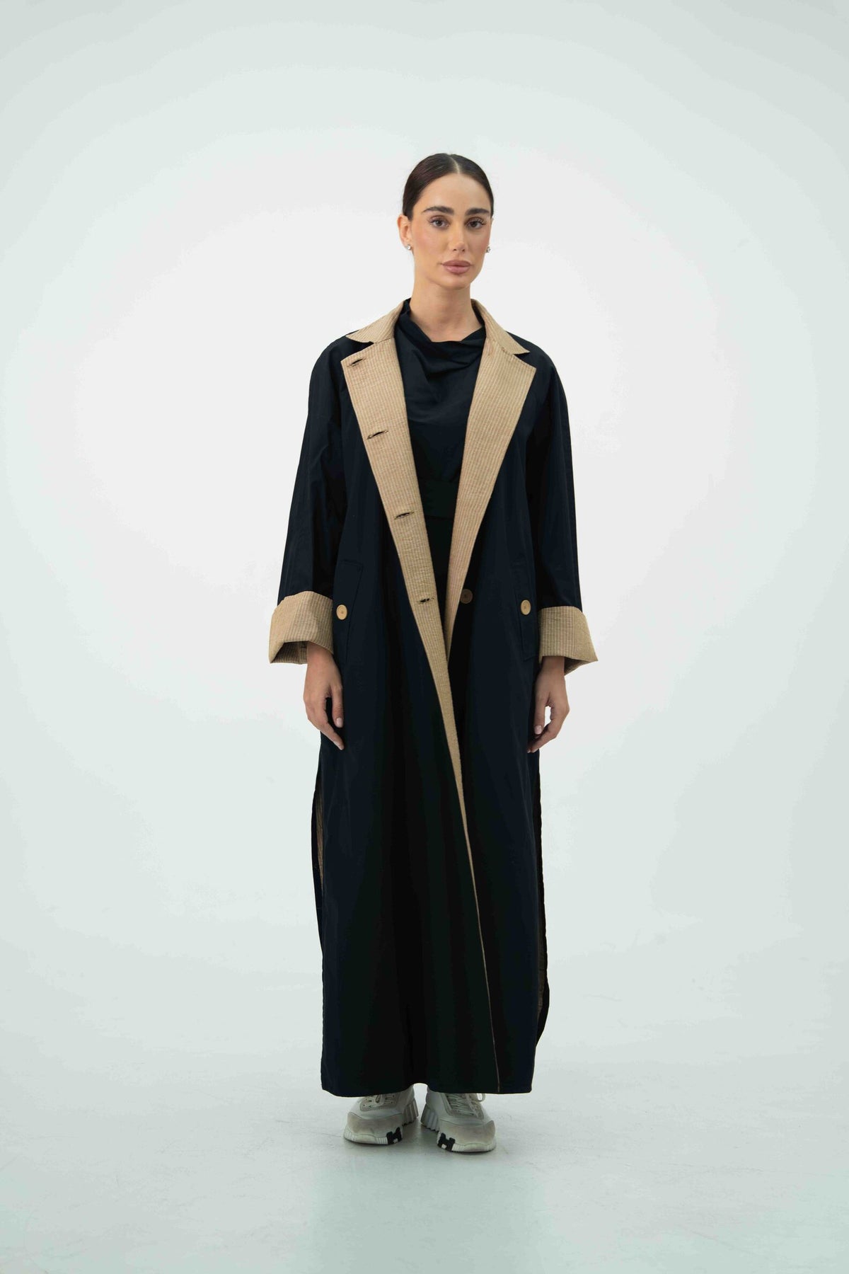 Black Trench Coat Abaya with Beige Striped Lining - 2044