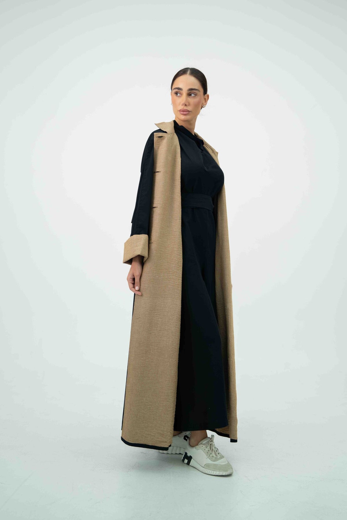 Black Trench Coat Abaya with Beige Striped Lining - 2044