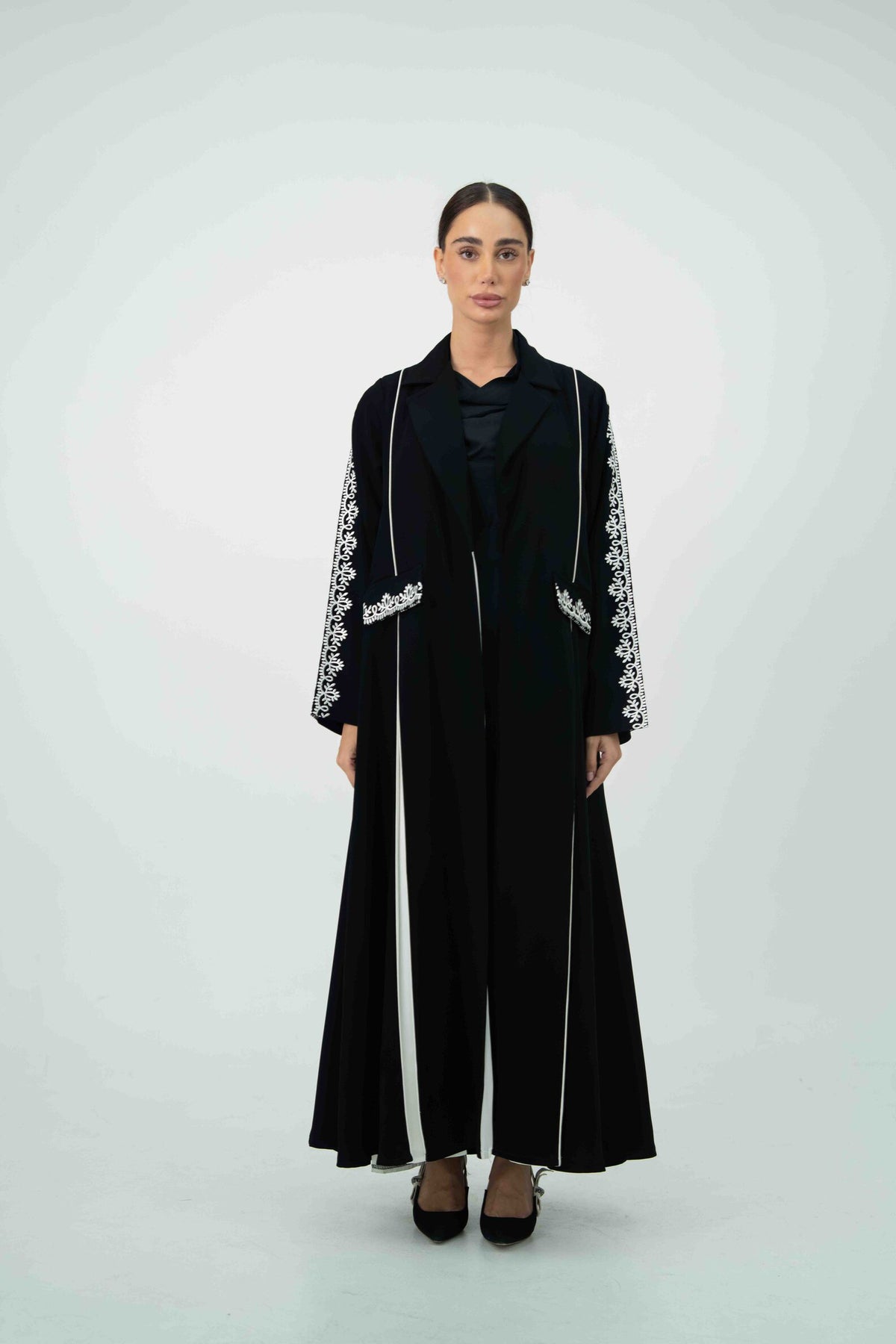 Black Crepe Abaya with Off-White Embroidery - 2045