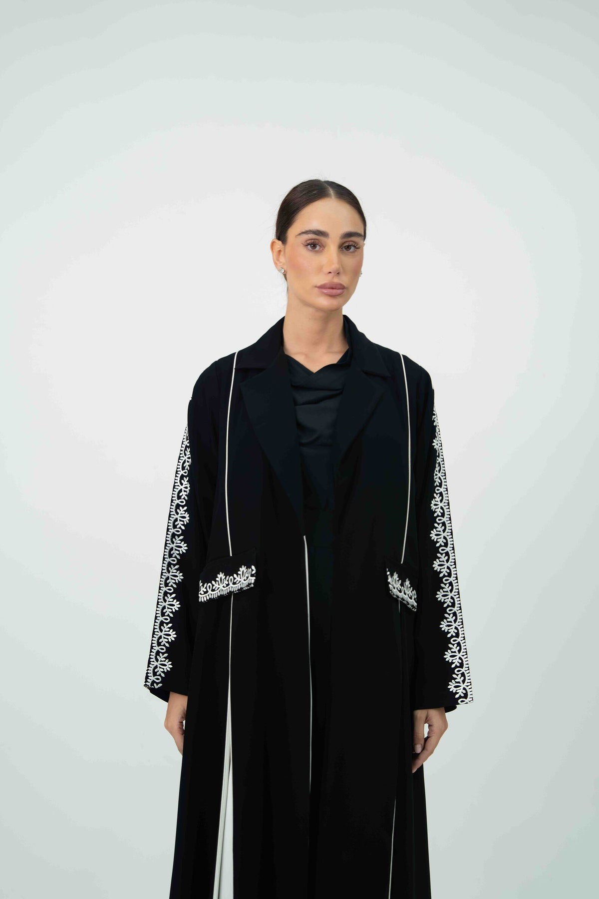 Black Crepe Abaya with Off-White Embroidery - 2045