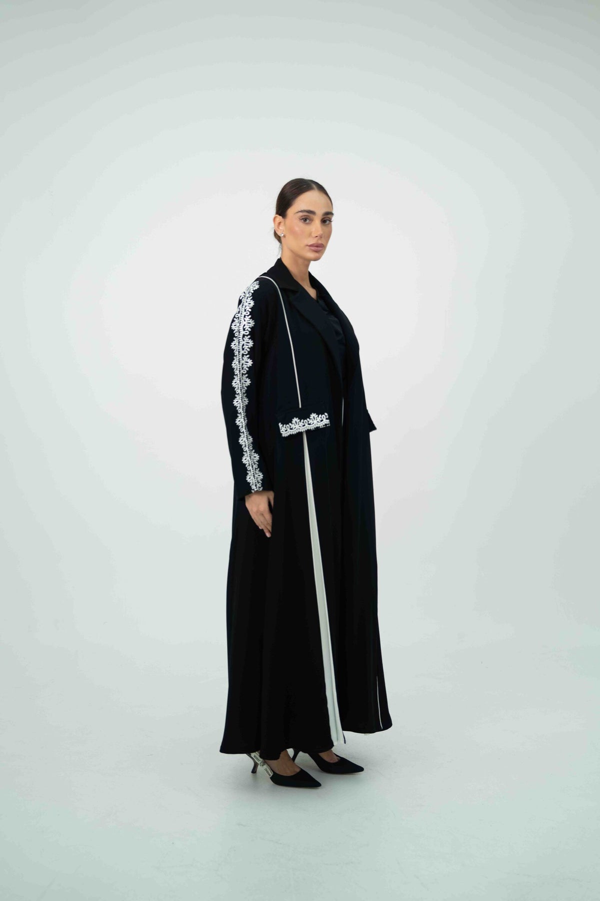 Black Crepe Abaya with Off-White Embroidery - 2045