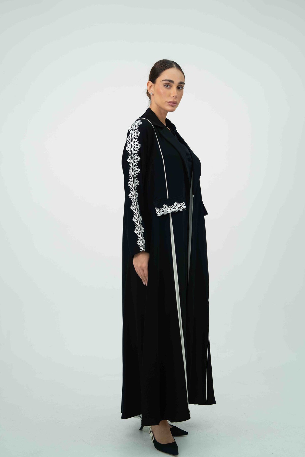 Black Crepe Abaya with Off-White Embroidery - 2045