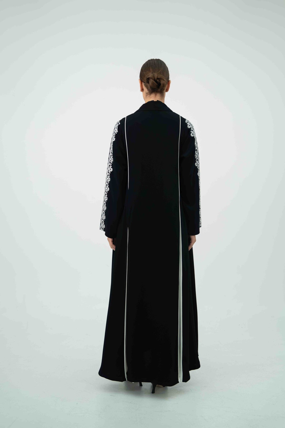 Black Crepe Abaya with Off-White Embroidery - 2045