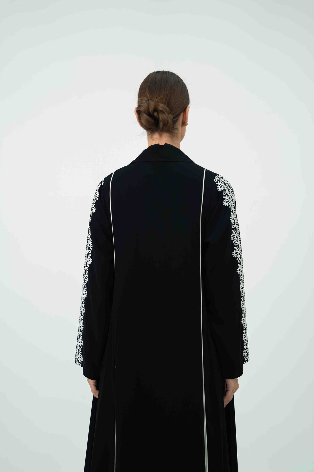 Black Crepe Abaya with Off-White Embroidery - 2045