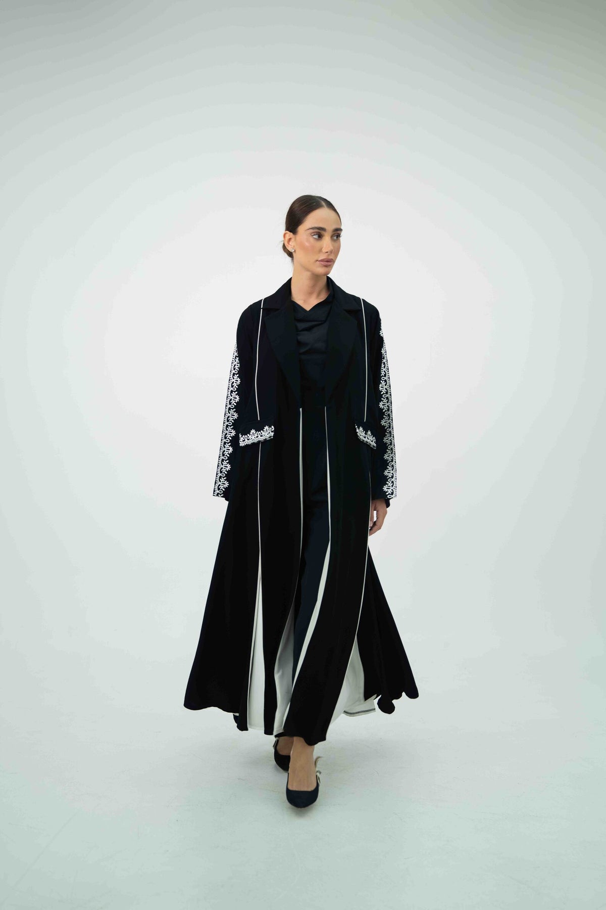 Black Crepe Abaya with Off-White Embroidery - 2045