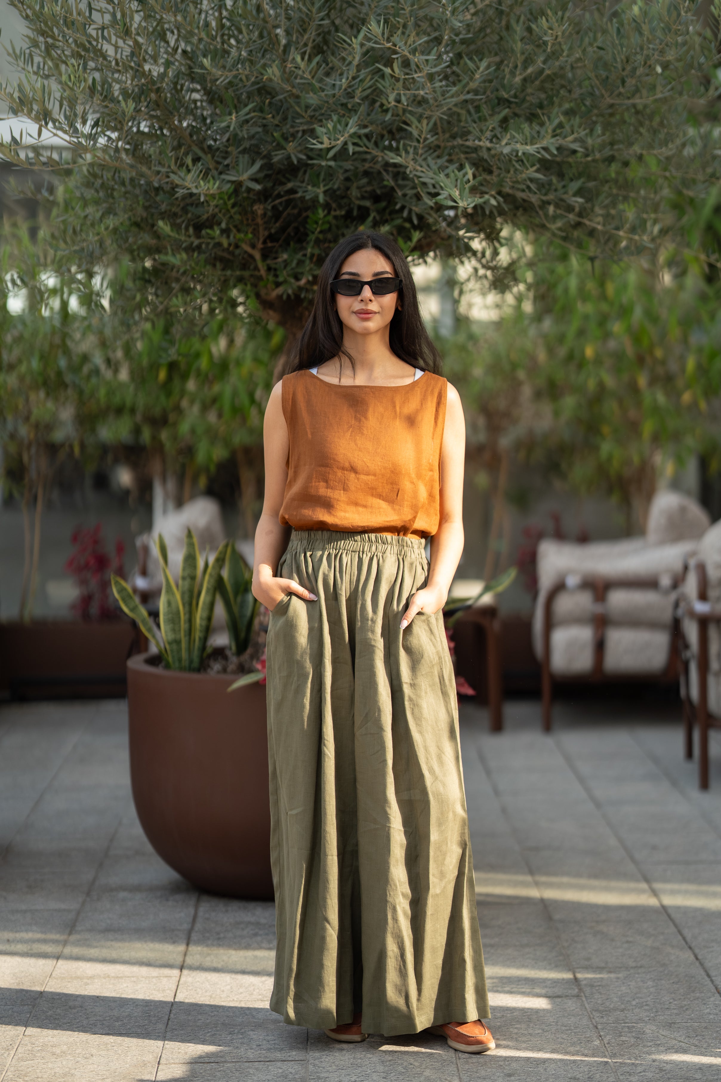 Camel blouse and olive green pants set in linen fabric-2018