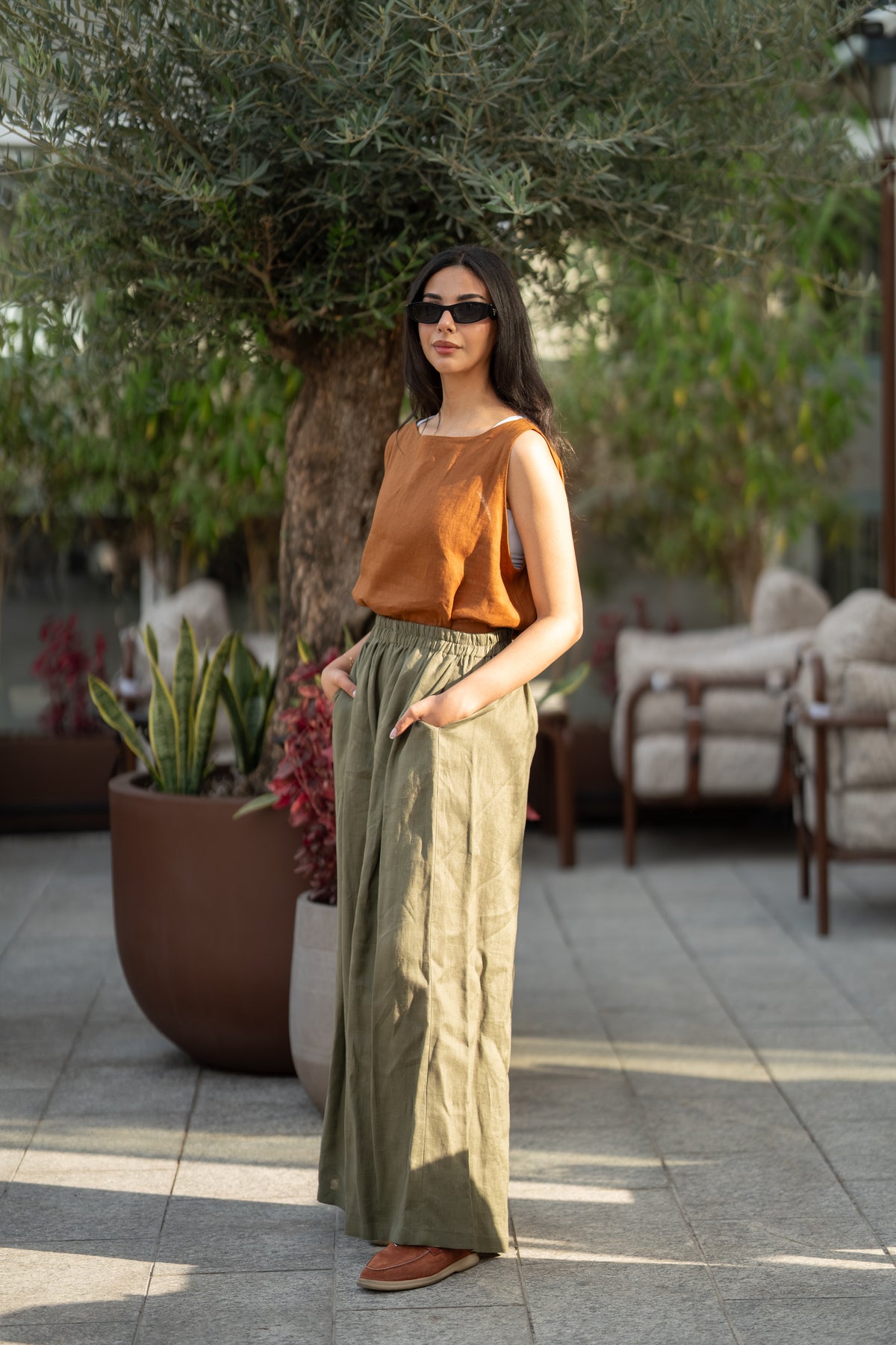 Camel blouse and olive green pants set in linen fabric-2018
