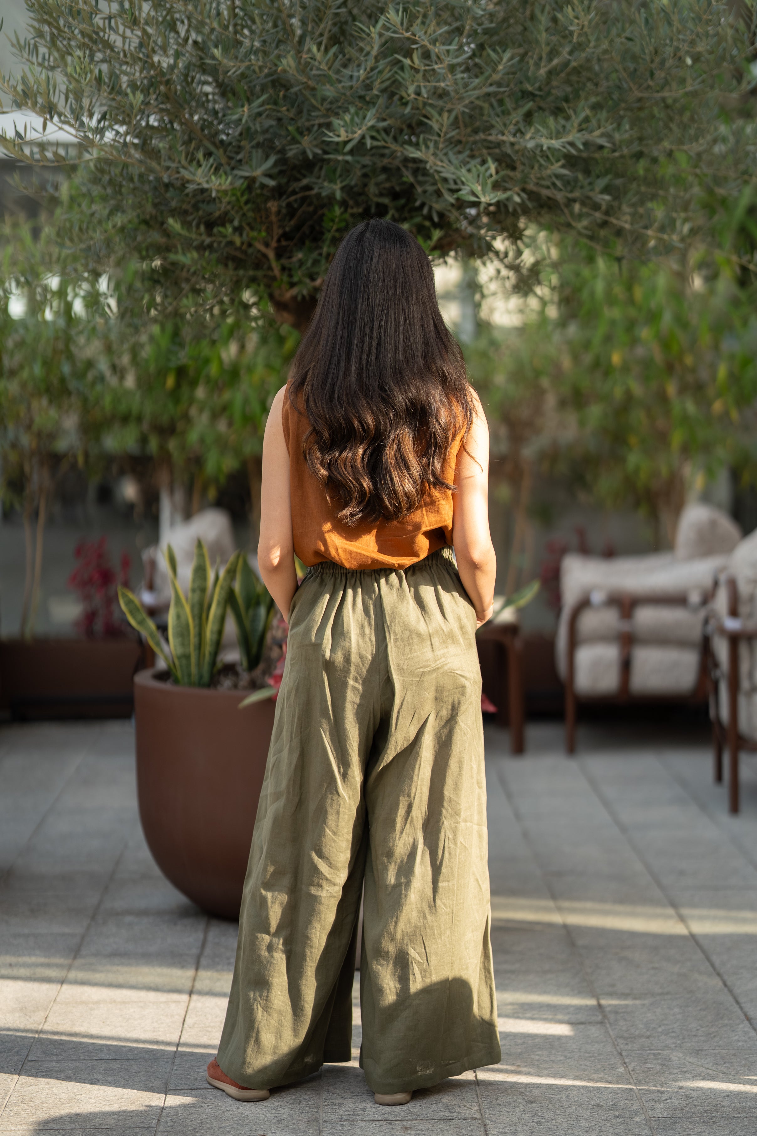 Camel blouse and olive green pants set in linen fabric-2018