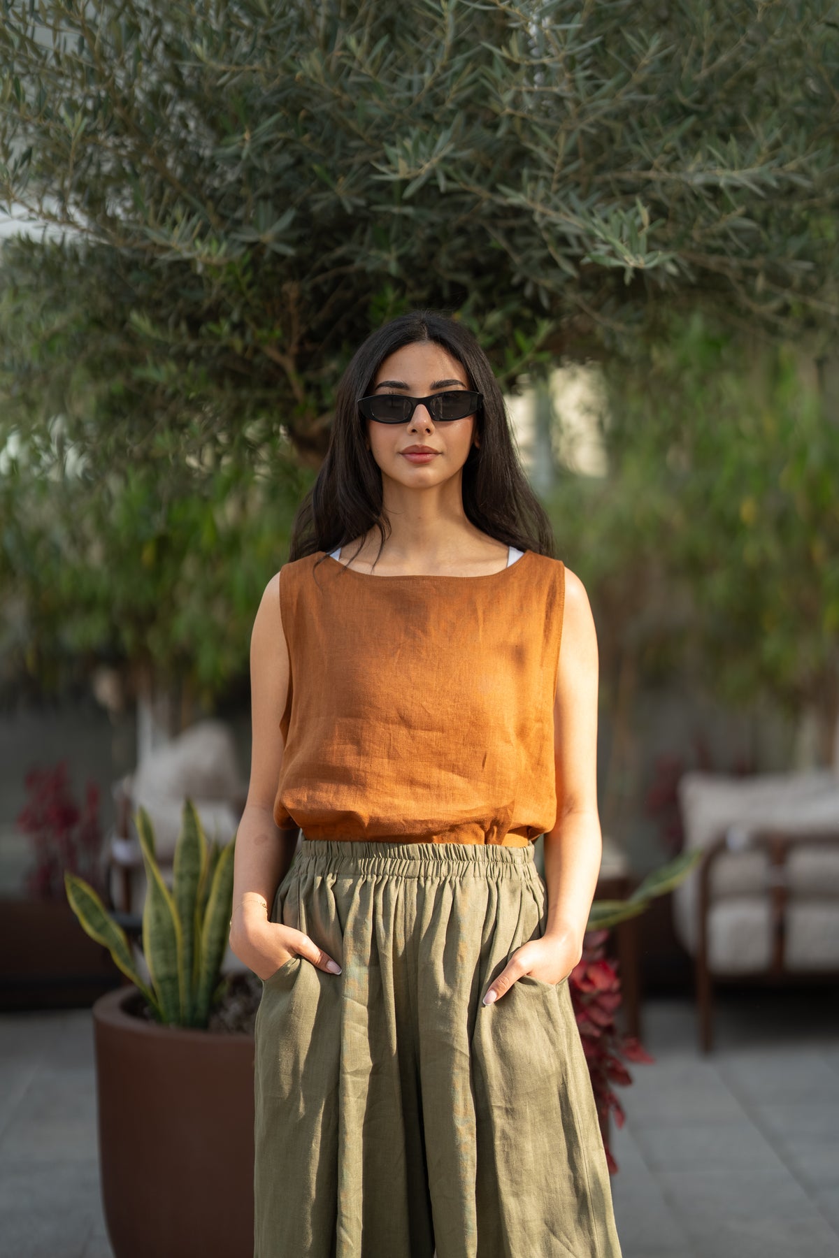 Camel blouse and olive green pants set in linen fabric-2018