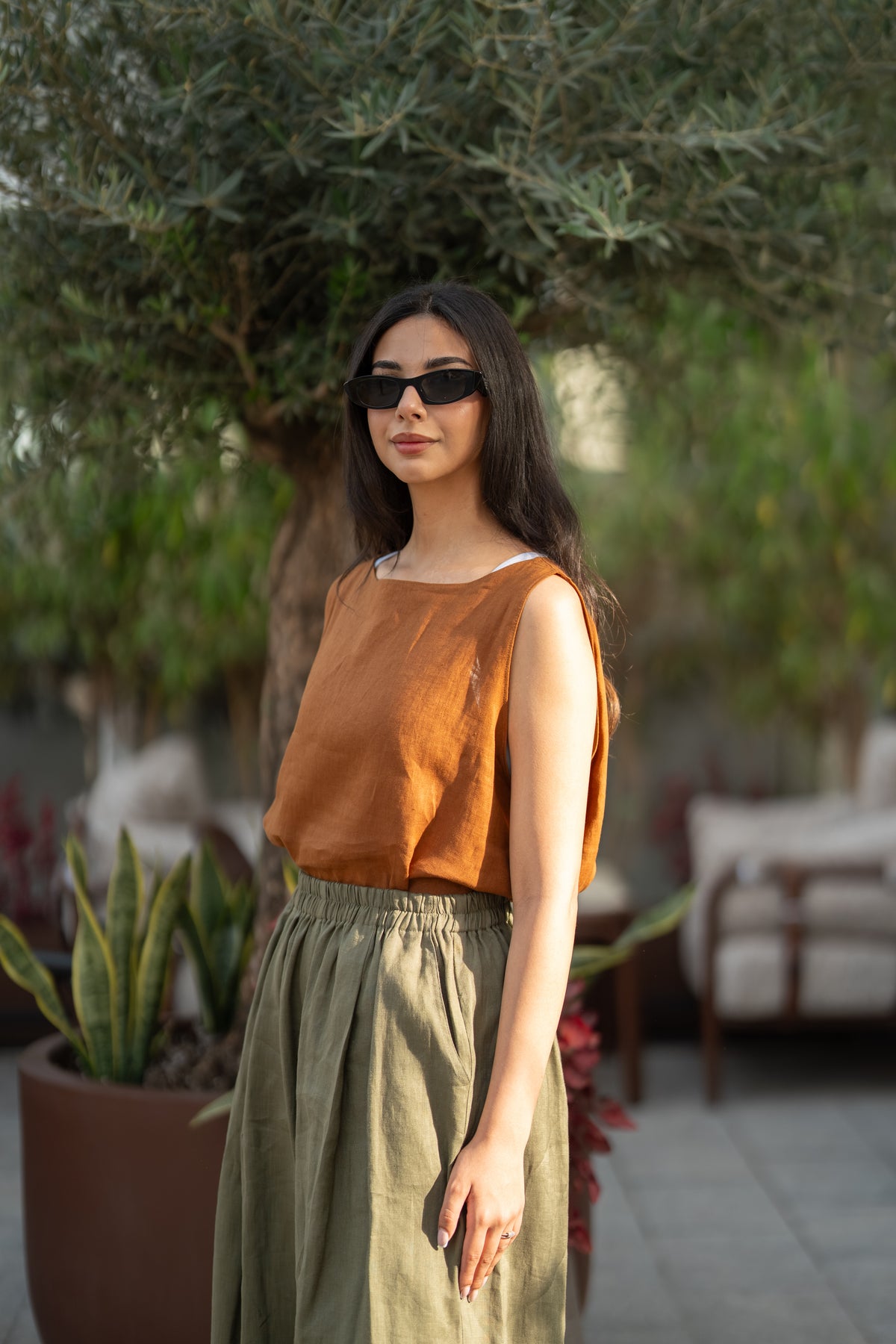 Camel blouse and olive green pants set in linen fabric-2018