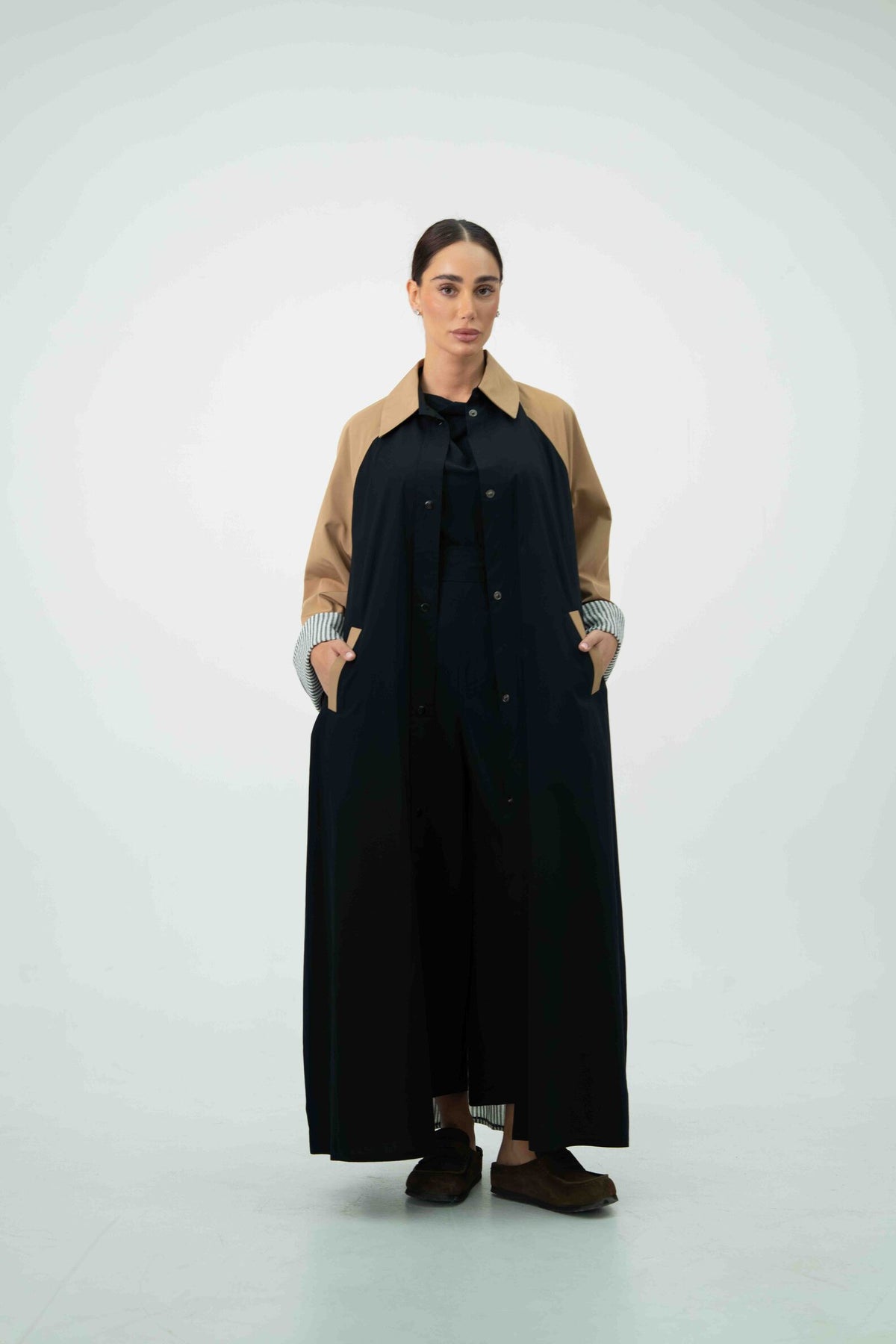 Beige & Black Trench Coat Abaya with Grey Striped Trim - 2046
