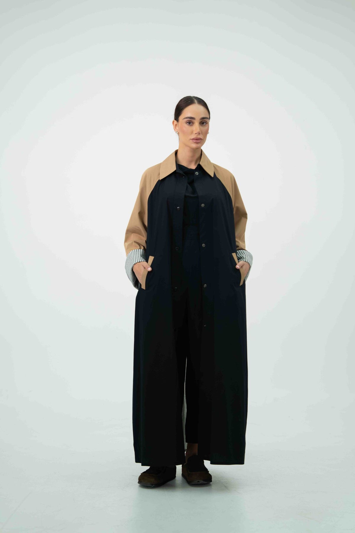 Beige & Black Trench Coat Abaya with Grey Striped Trim - 2046