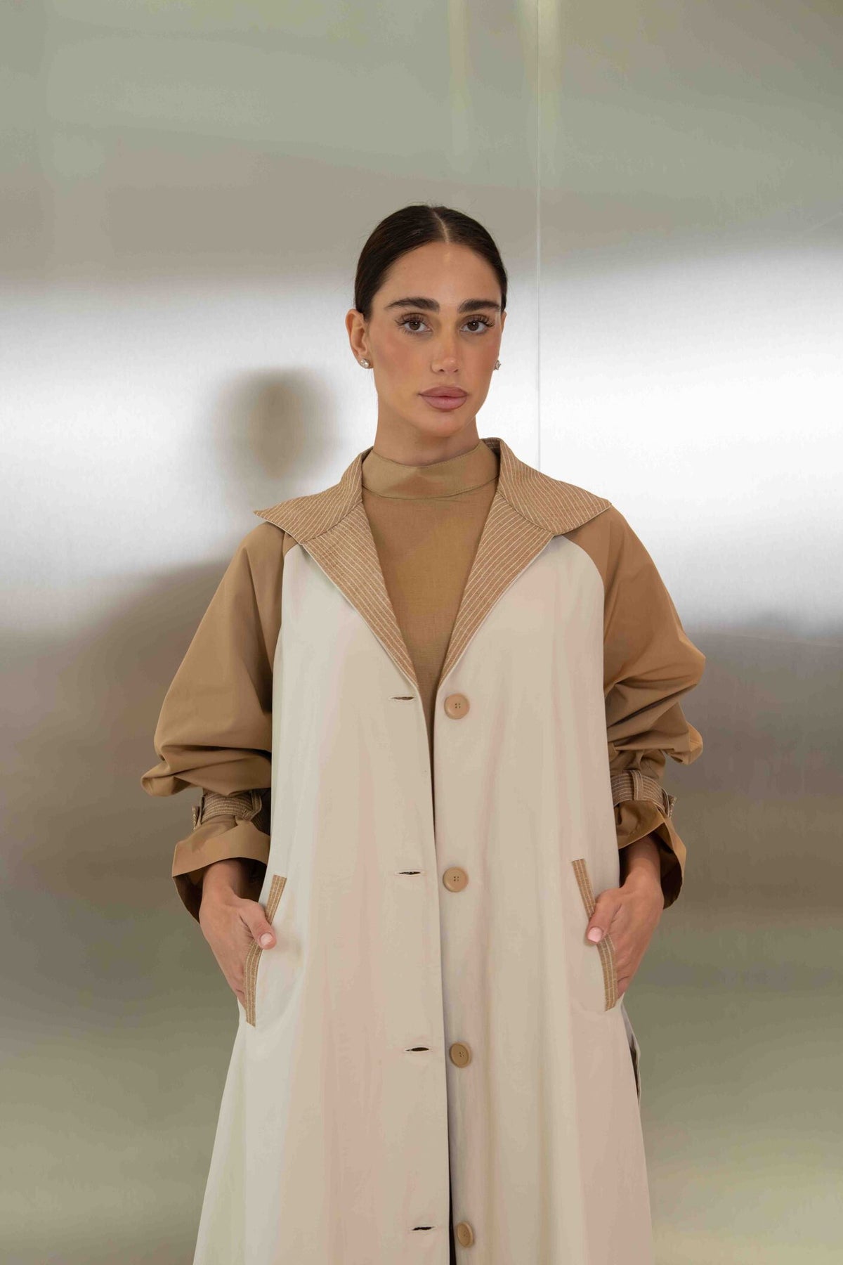 Beige & Light Beige Striped Trench Coat Abaya – 2061