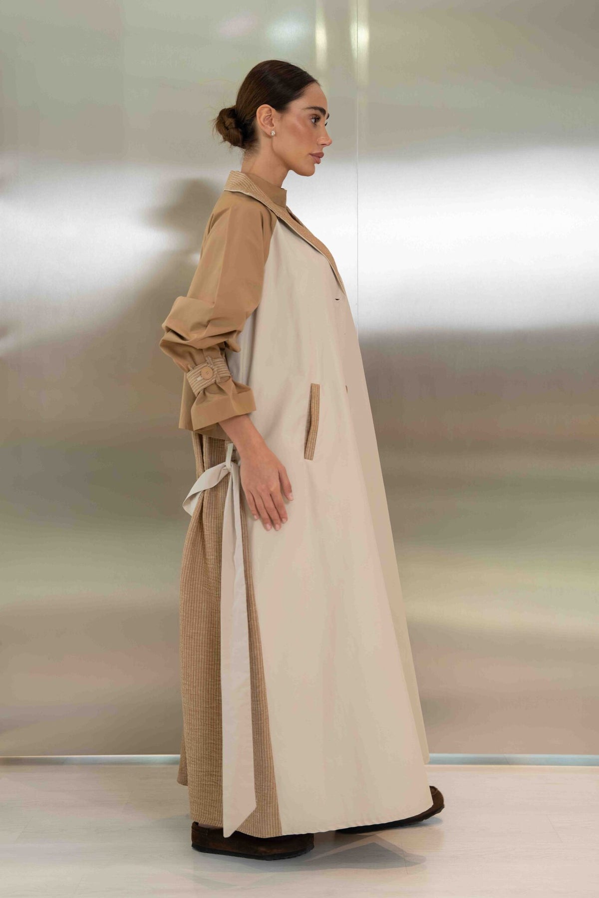 Beige & Light Beige Striped Trench Coat Abaya – 2061