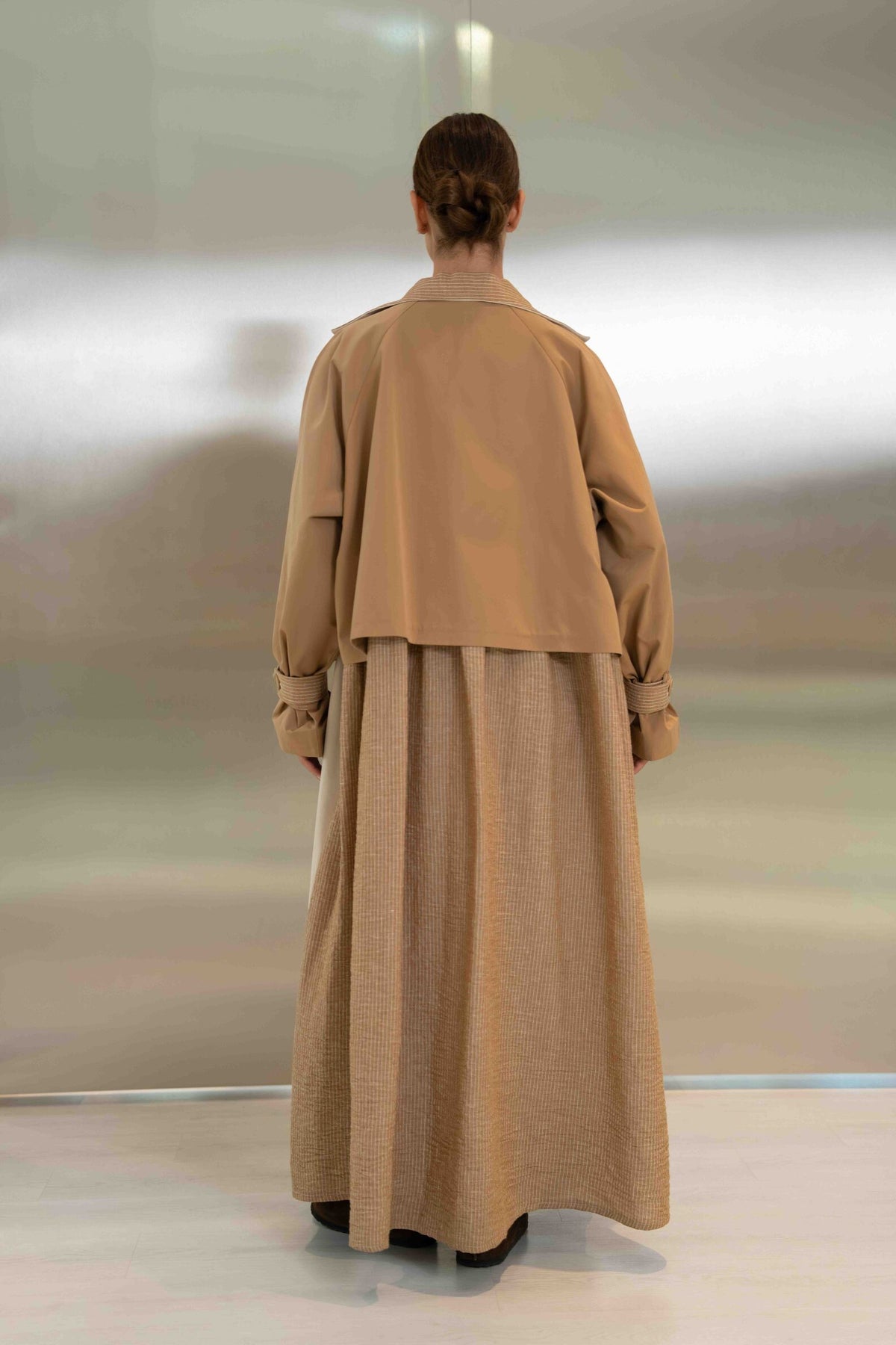 Beige & Light Beige Striped Trench Coat Abaya – 2061
