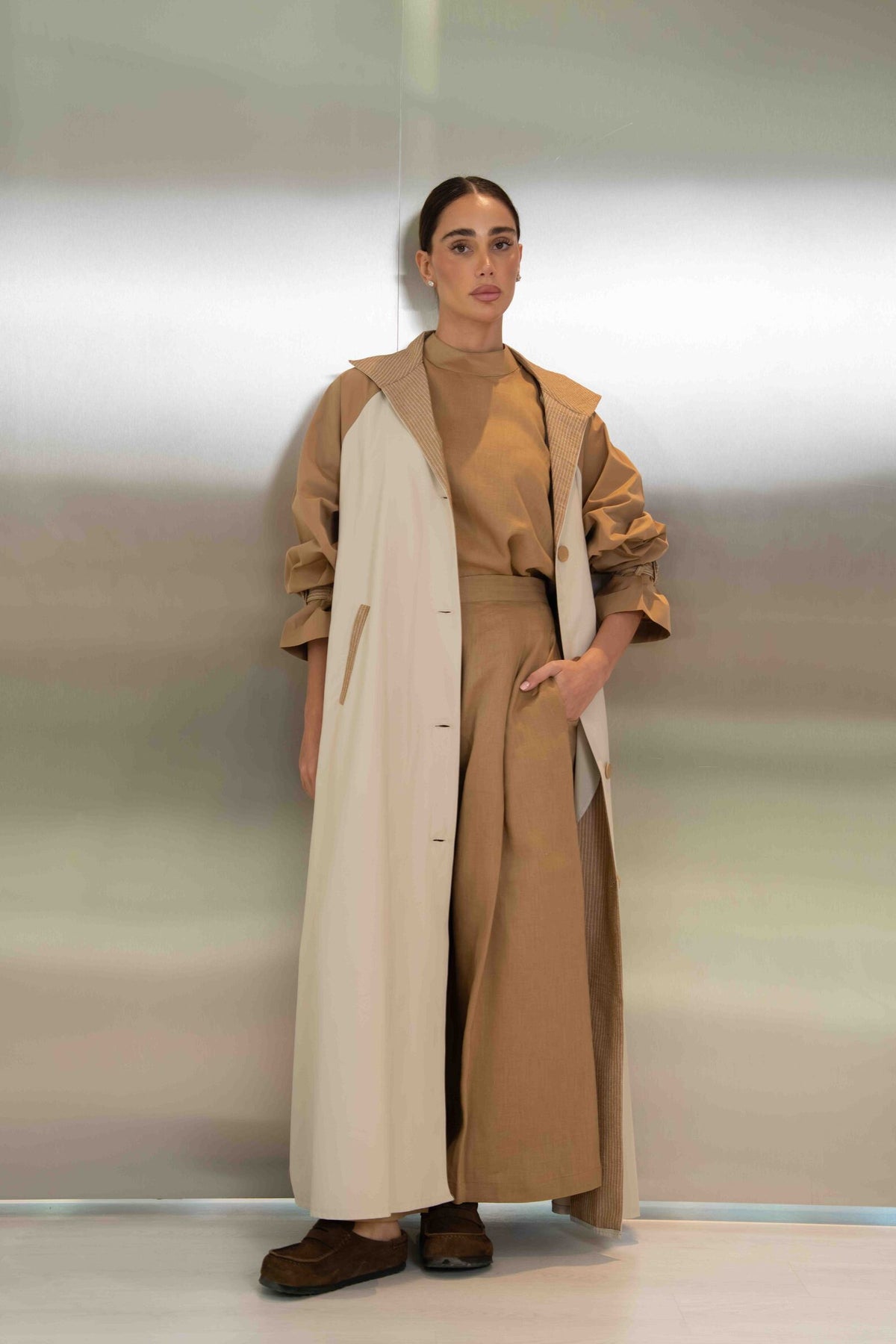 Beige & Light Beige Striped Trench Coat Abaya – 2061