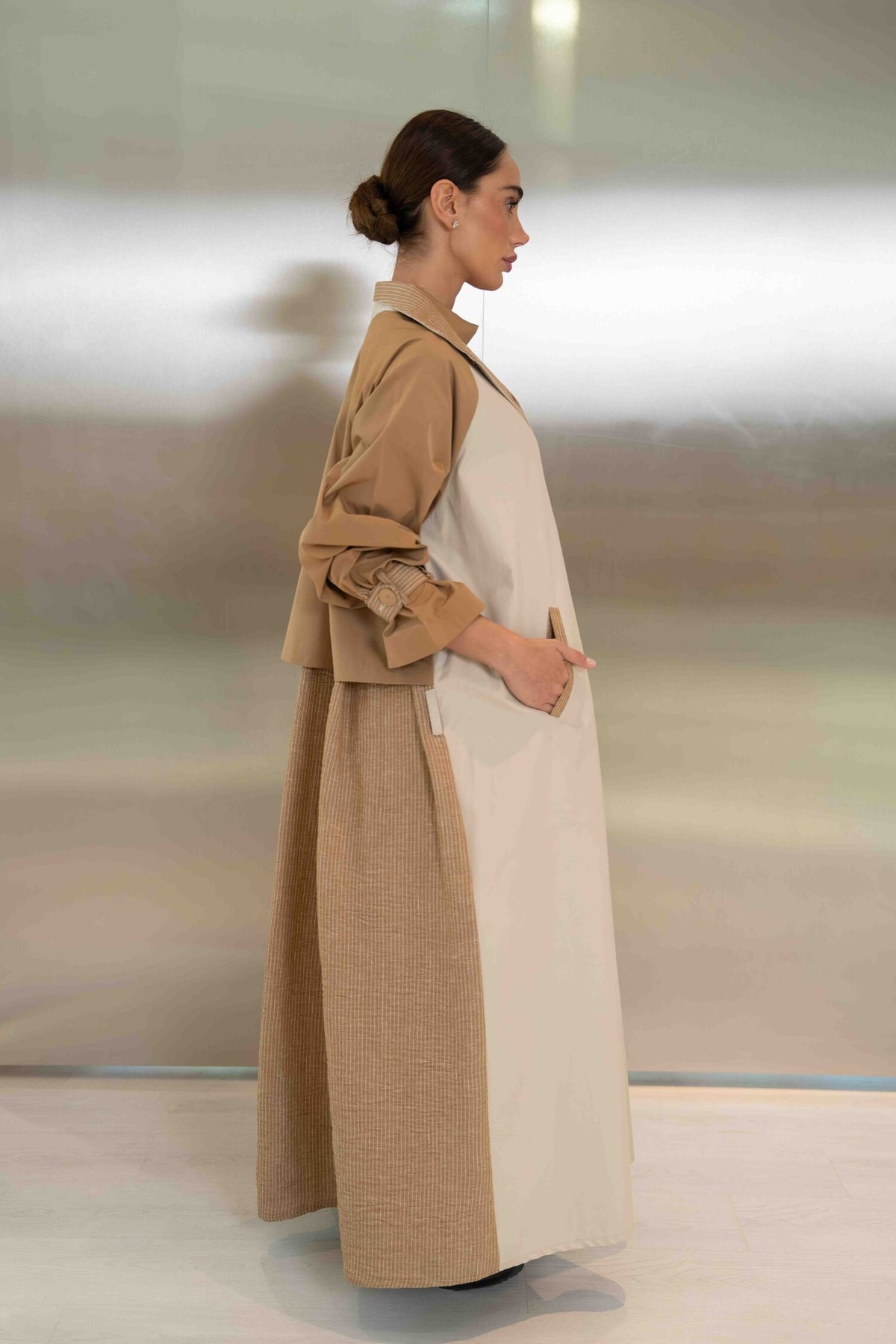 Beige & Light Beige Striped Trench Coat Abaya – 2061