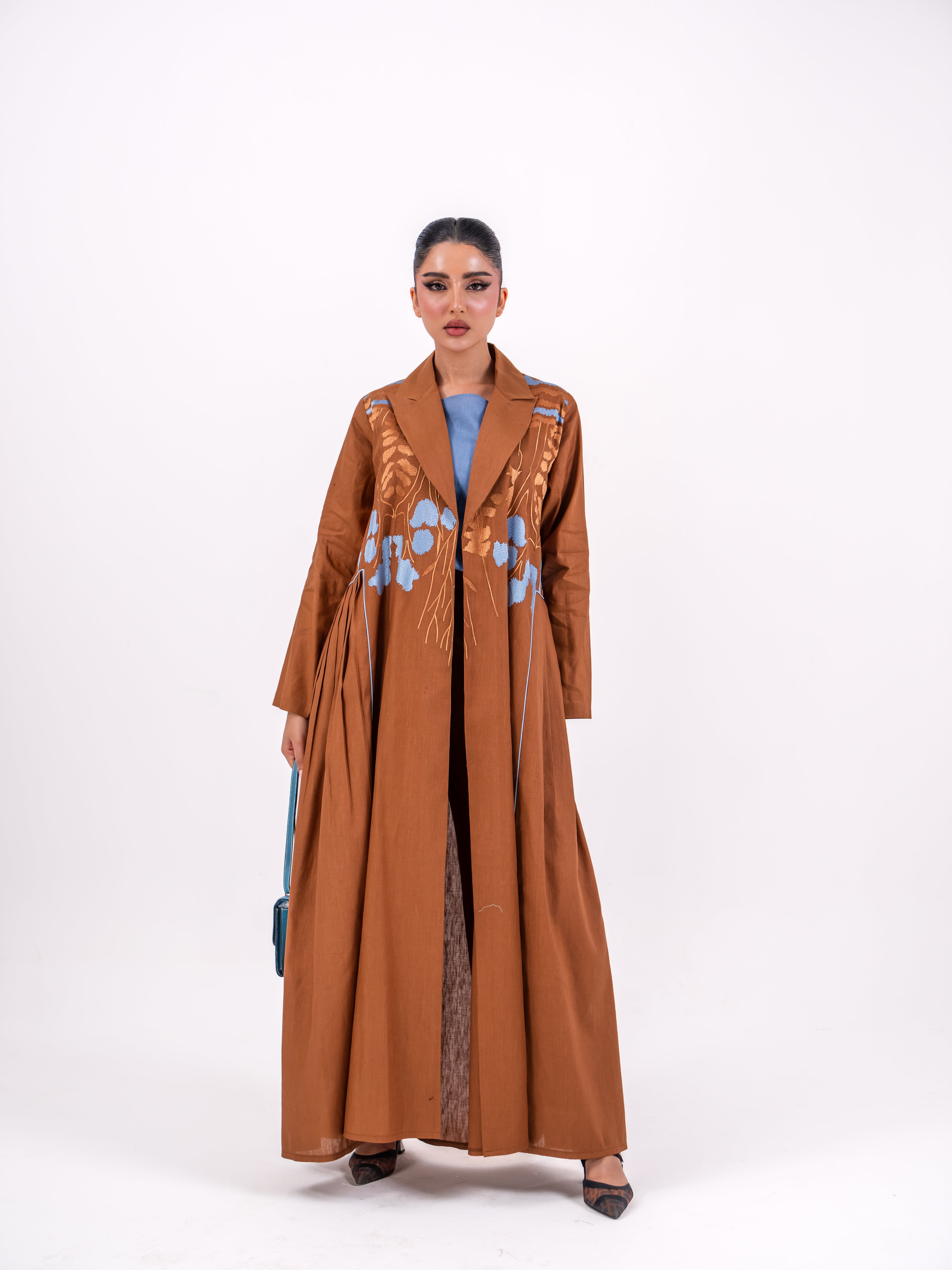 Camel Linen Abaya with Blue Embroidery