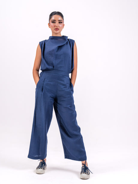 Navy linen blouse and pants set
