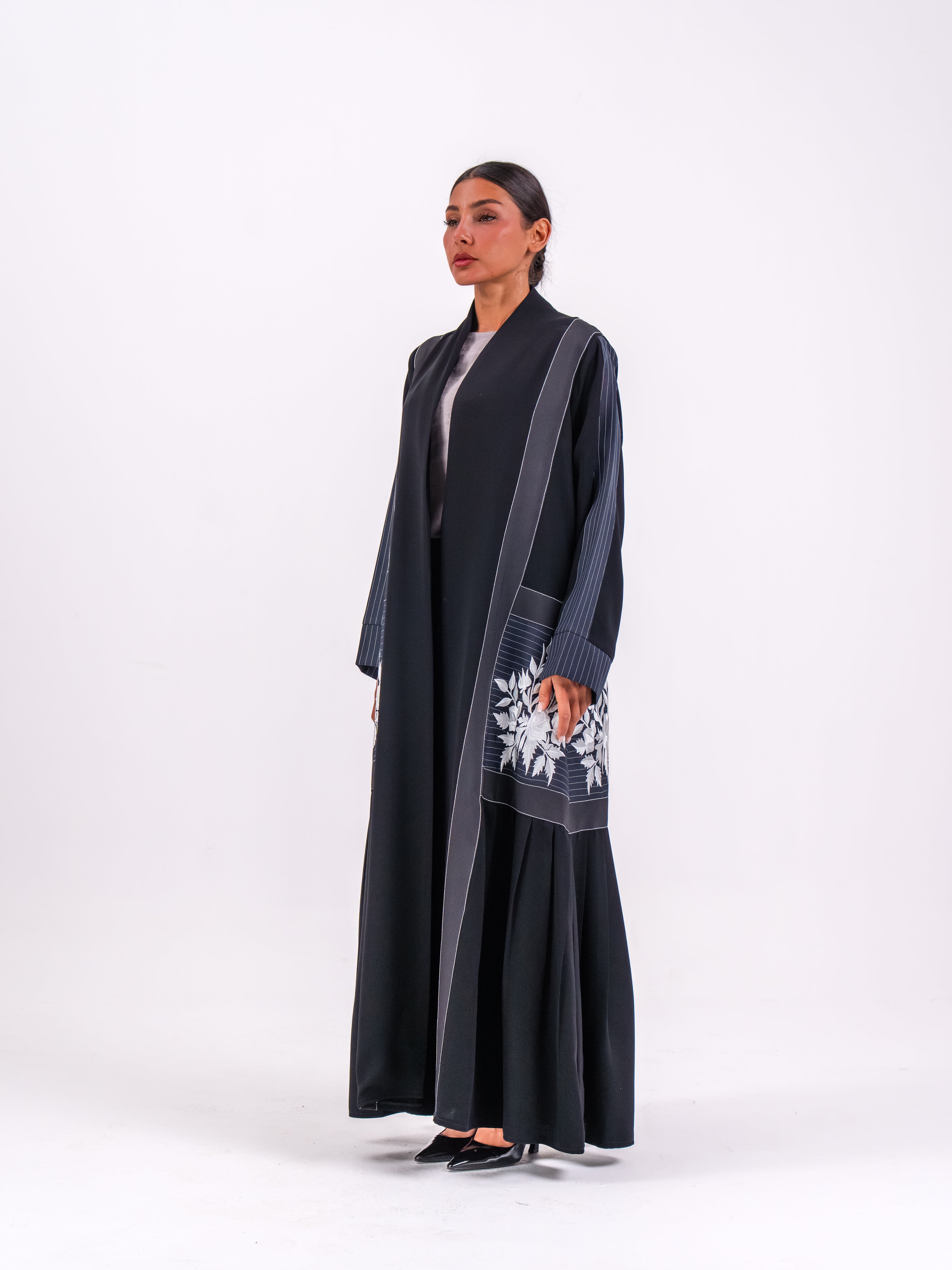 Black Crepe Abaya with Off-White Embroidery