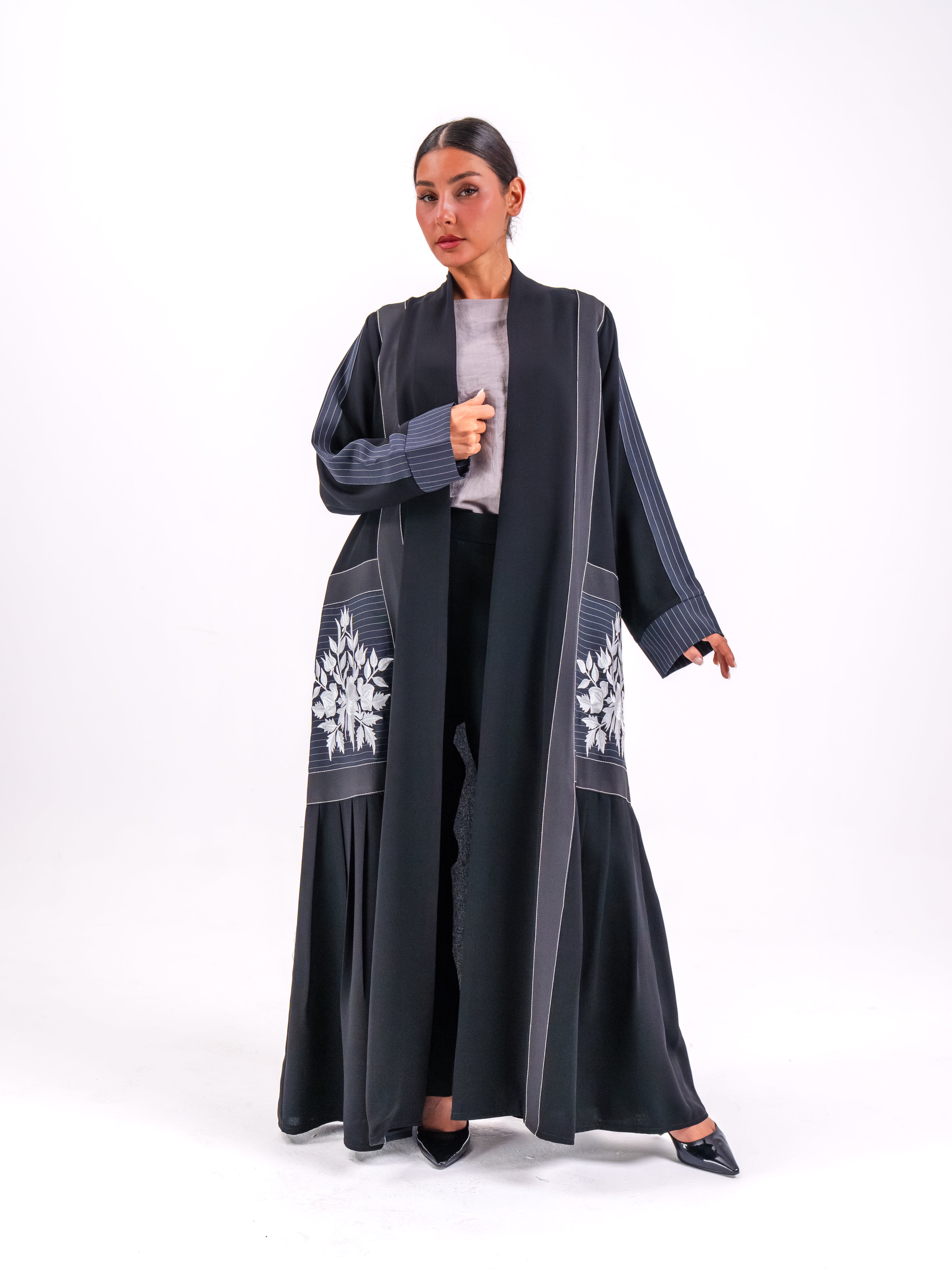 Black Crepe Abaya with Off-White Embroidery